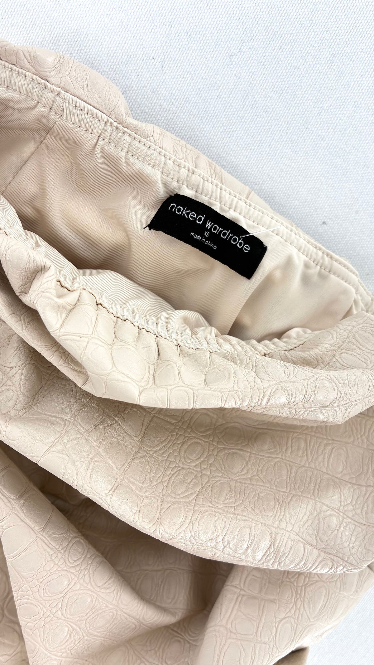 NAKED WARDROBE Cream Ruched Crocodile Embossed Lined Tube Top (XS)