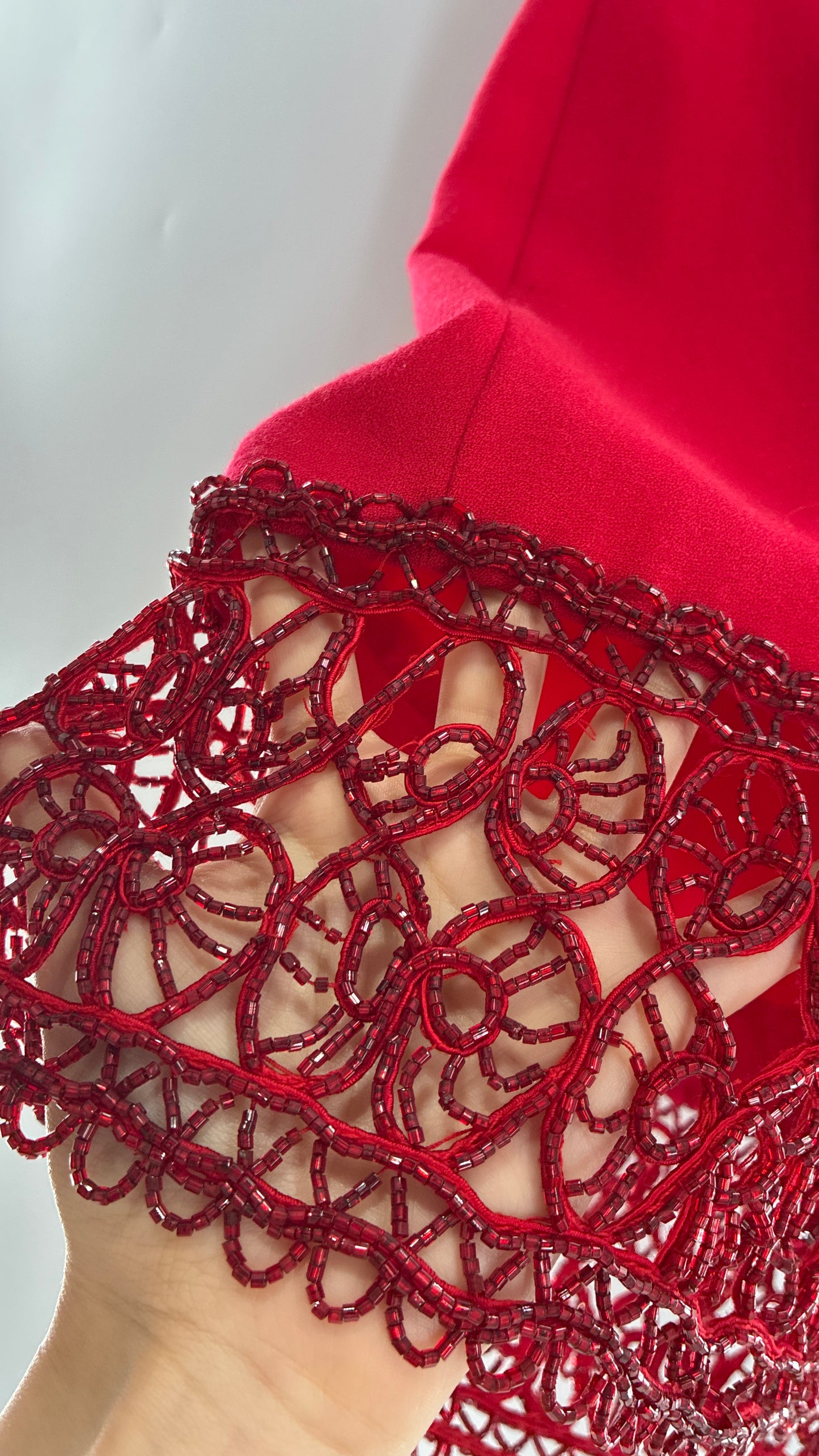 Vintage CARMEN MARC VALVO Red 100% Fitted, Tailored Wool Dress with Beaded Hem and Neckline  (6)