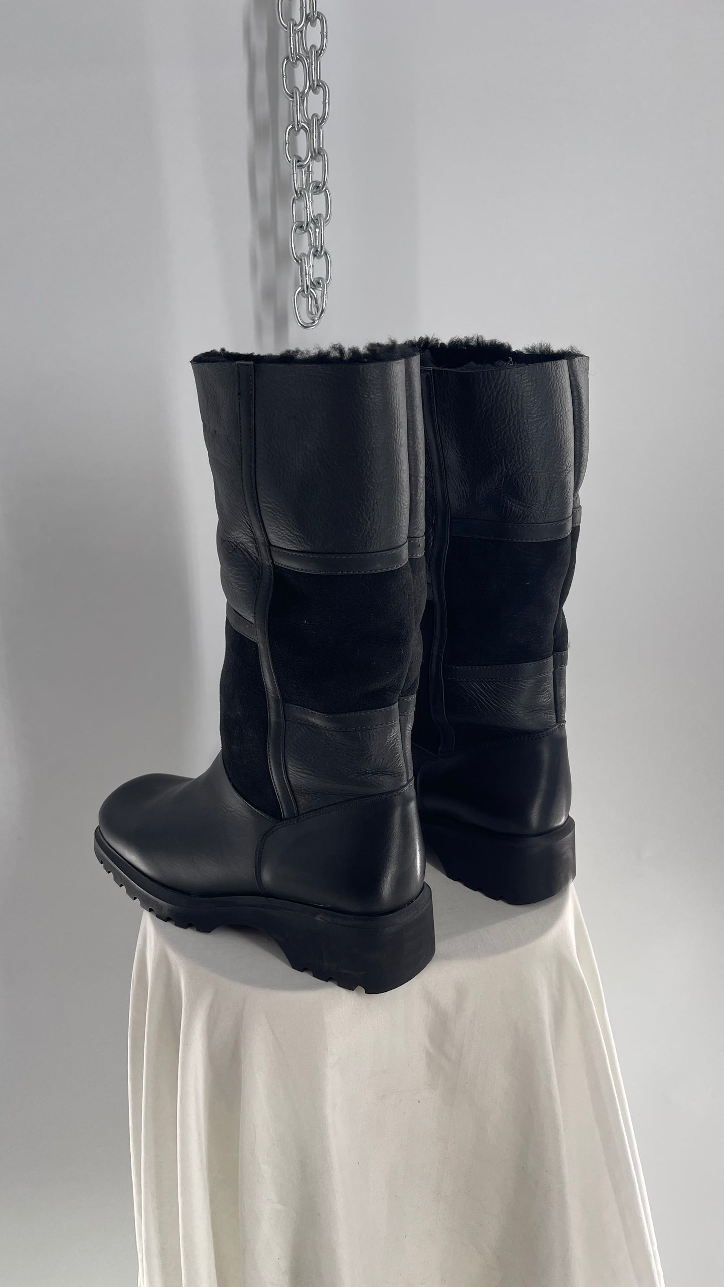 Vintage 1990s LA CANADIENNE Mixed Panel Suede and Patent Leather, Square Toe, Fur Lined Boots (10)