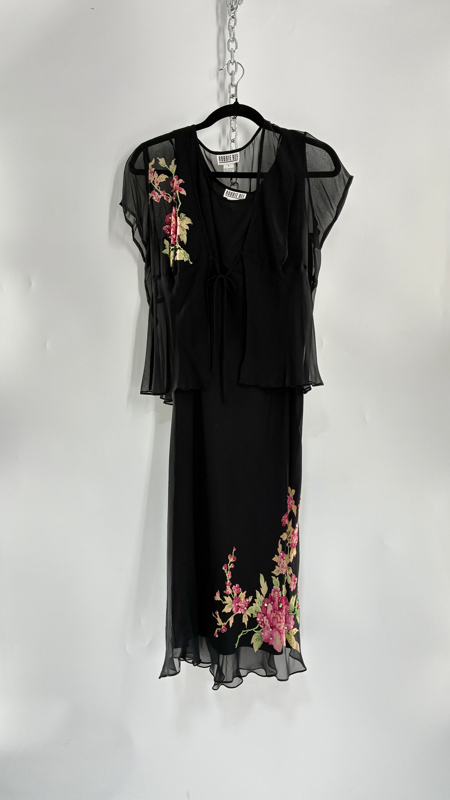 Vintage 1990s ROBBIE BEE 100% Silk Black Gown with Underbust Stitch and Matching Tie Bust Blouse (8)