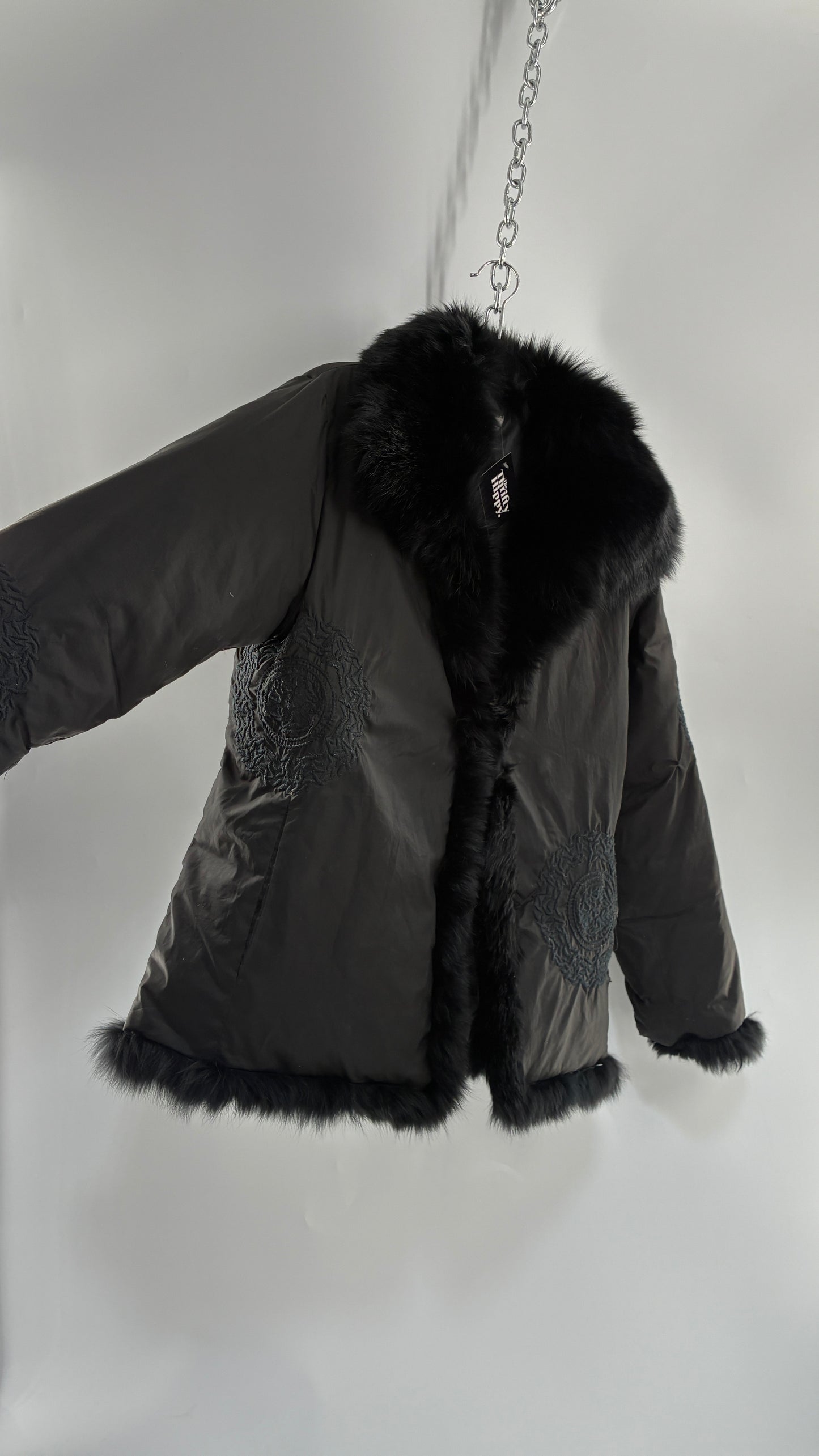 Vintage Gi & JO Black Down and Feather Puffer Jacket with Exaggerated Genuine Rabbit Fur Trim and Mandala Embroidery (Medium)
