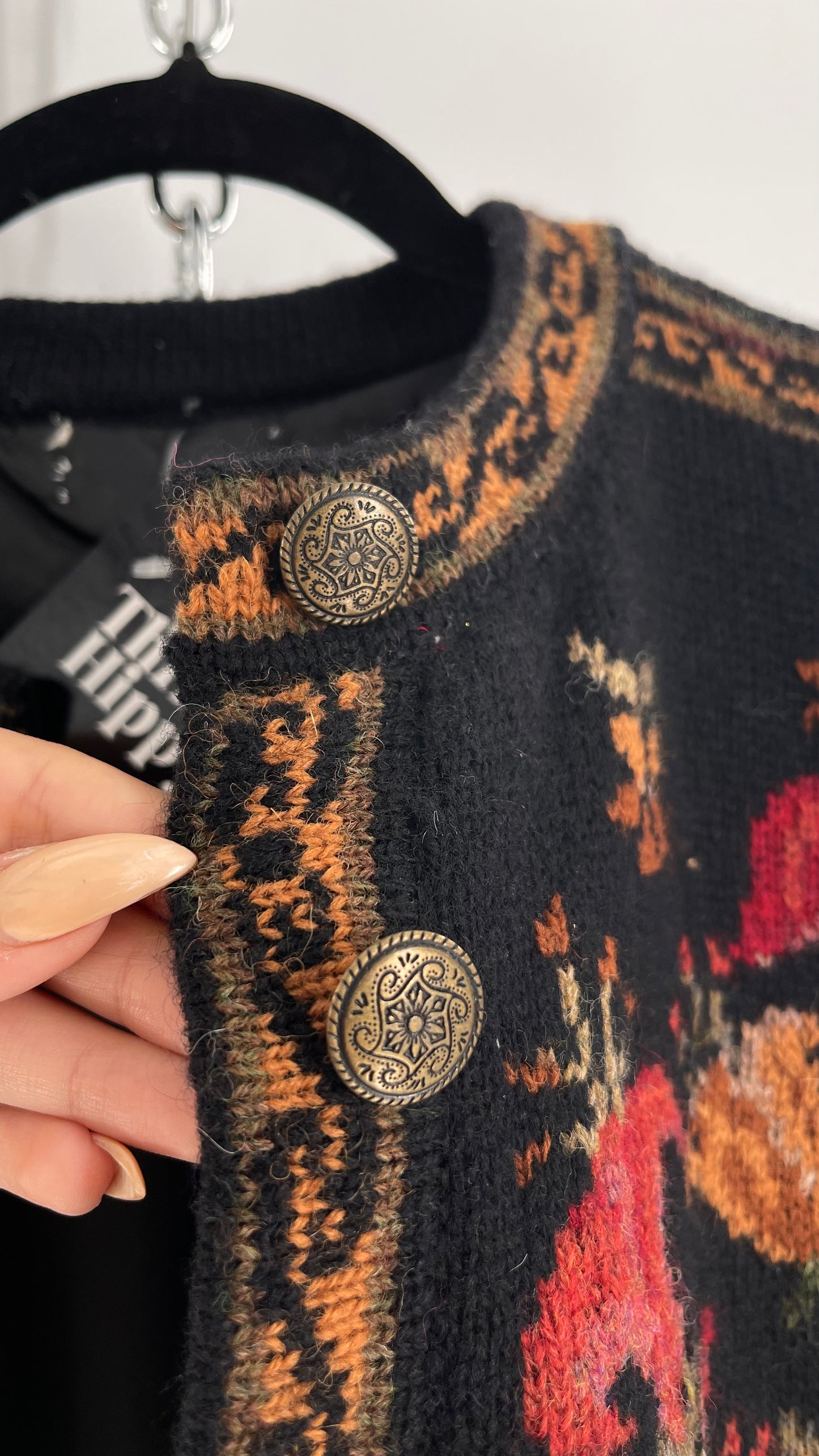 Vintage Iceland Design Wool Jacket with Brass Embossed Buttons and Folk Floral Patterning(C)(Medium)