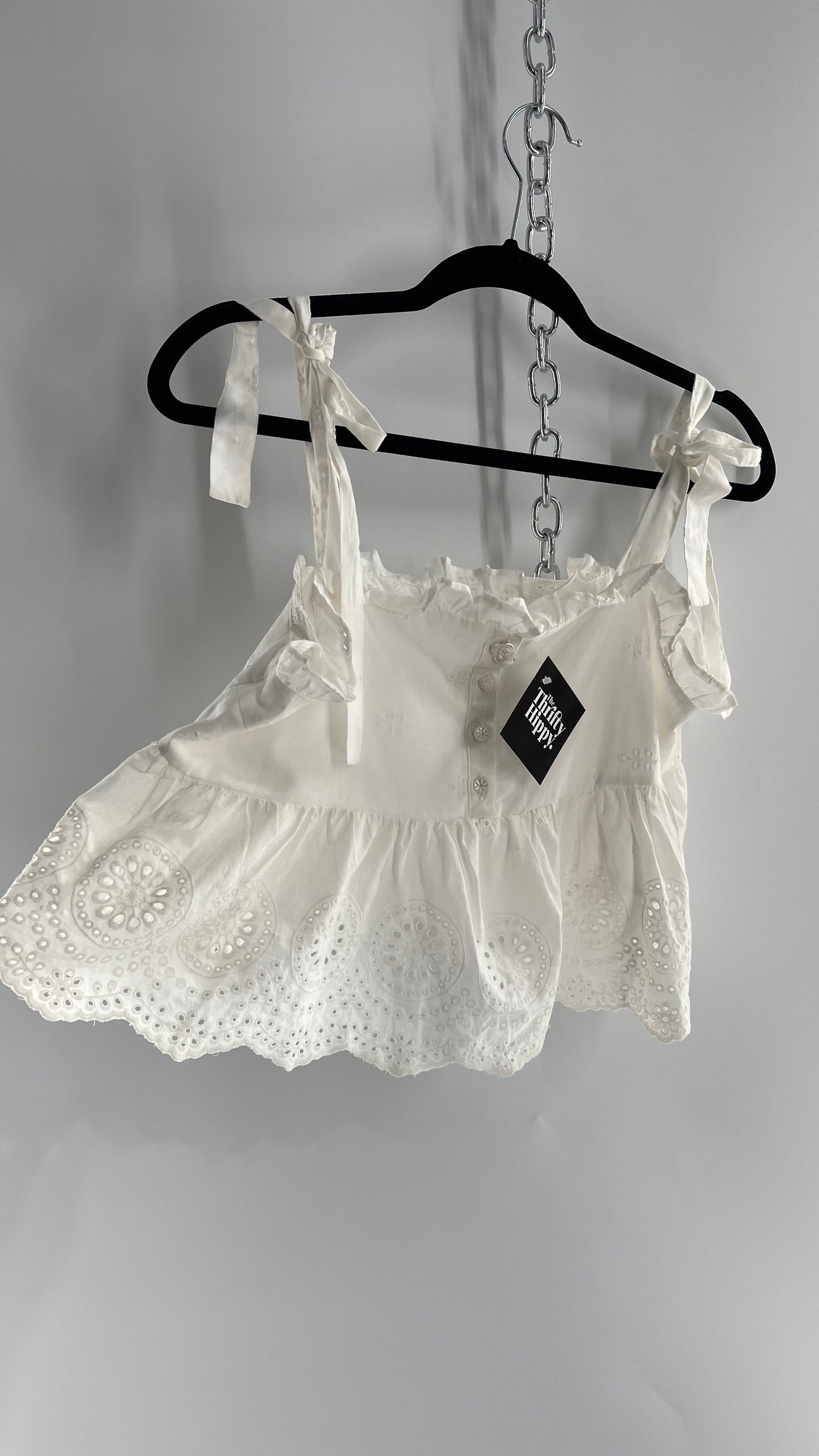 Urban Outfitters Eyelet Lace Hem Tank with Bow Shoulders (Large)