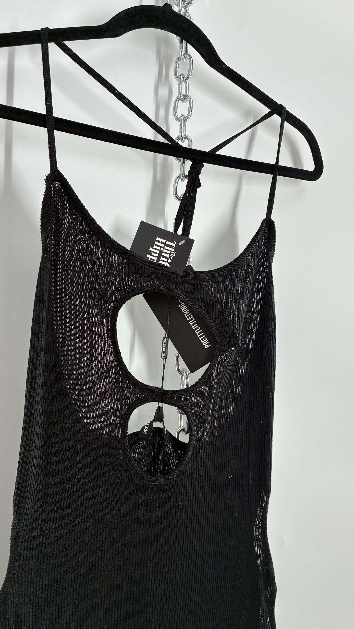 Pretty Little Thing Black Sheer Knit Cut Out Halter Neck Jumpsuit with Tags (Large)