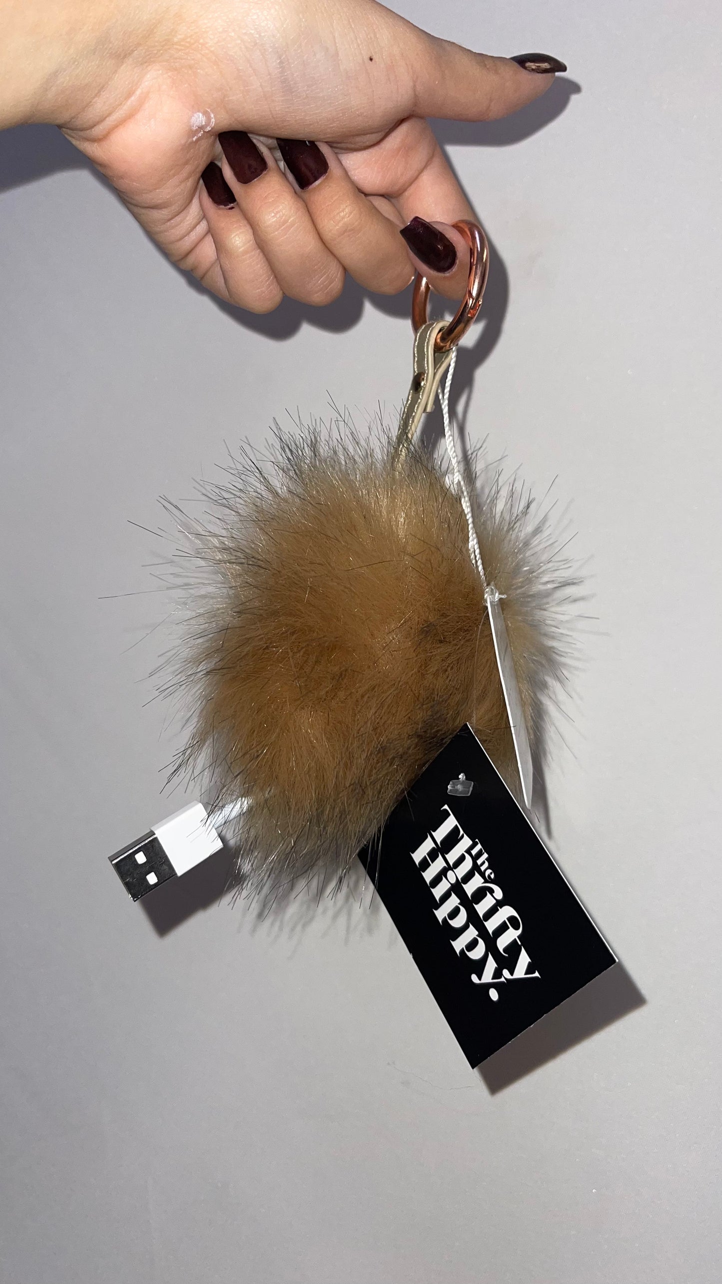 Free People Tan Fur Pom Pom Keychain with Charging Port