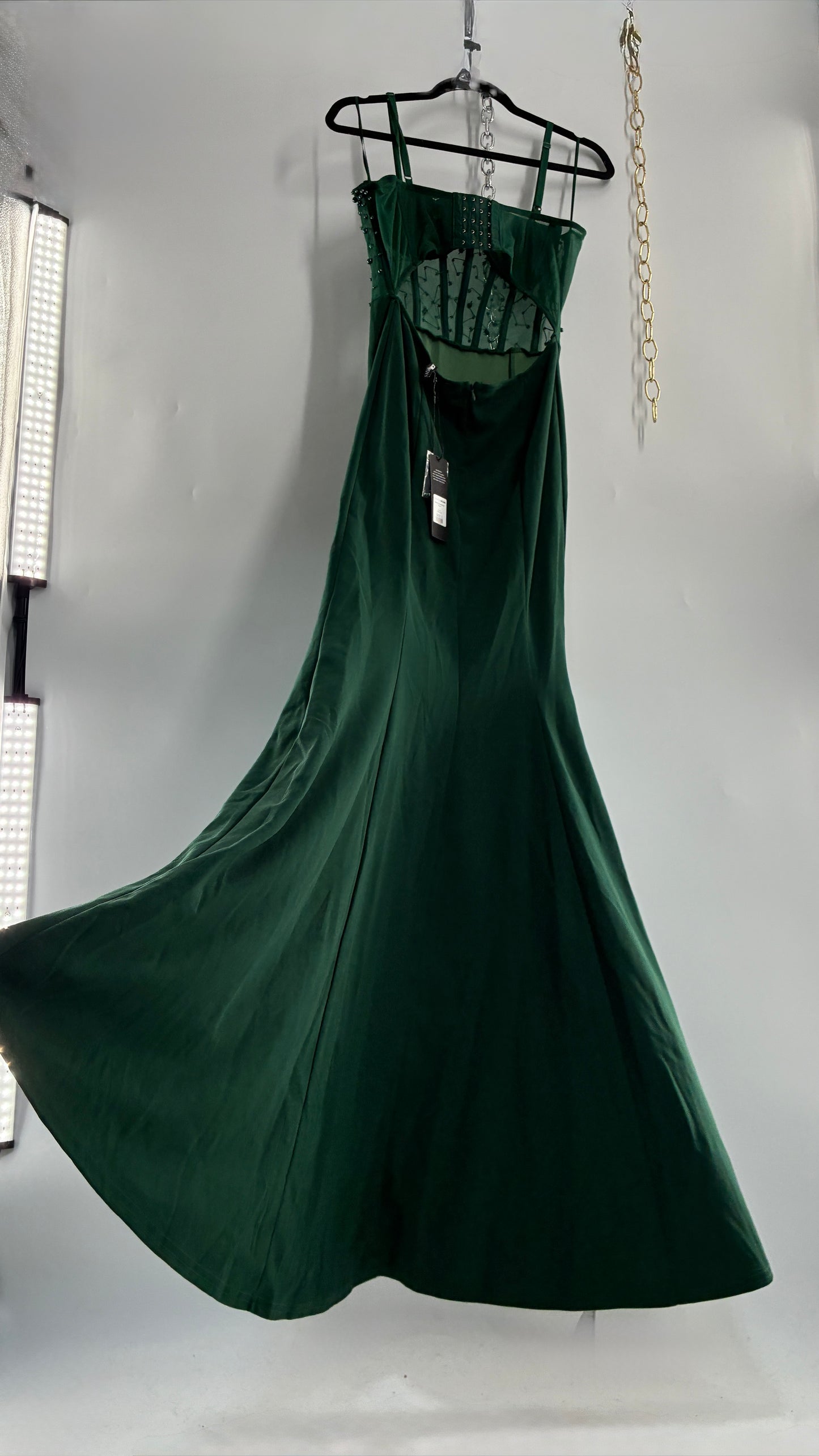 WINDSOR Green Backless Gown with Beaded Corset, Thigh Slit, and Tags Attached (Large)