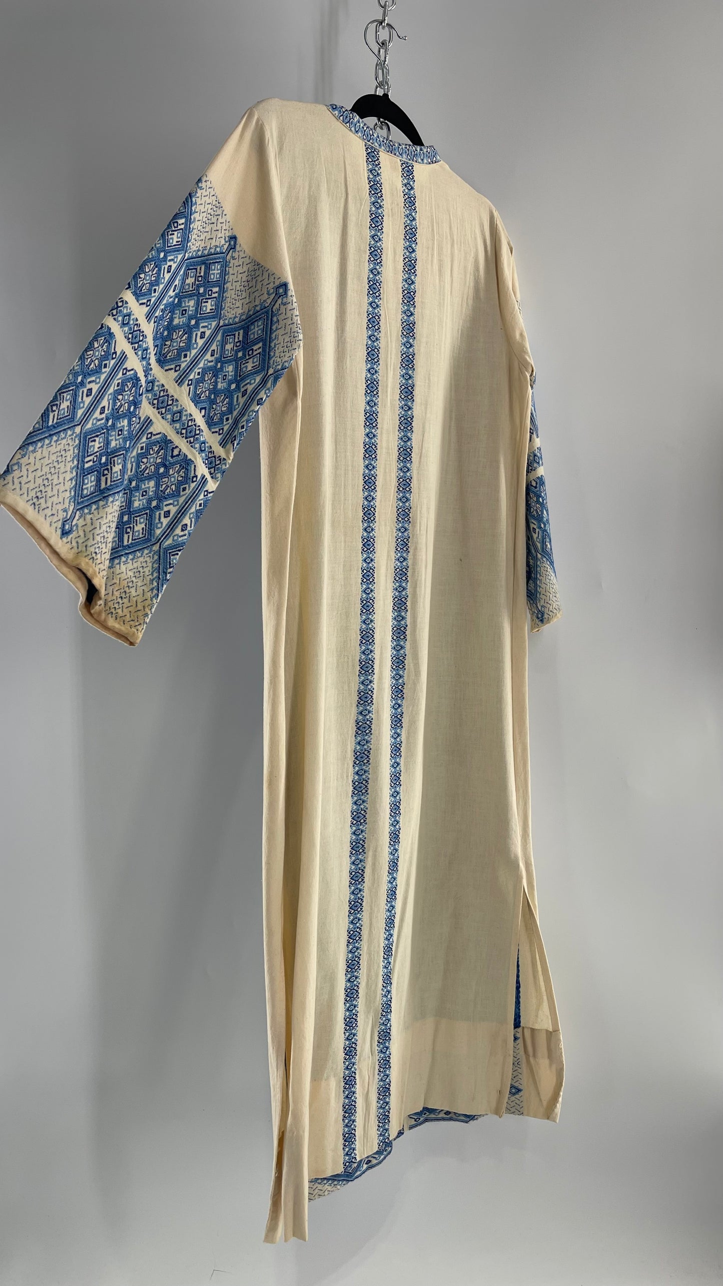 Vintage Pericles 1970s Wool Blend Off White Tunic Gown with Blue Needlepoint Embroidery