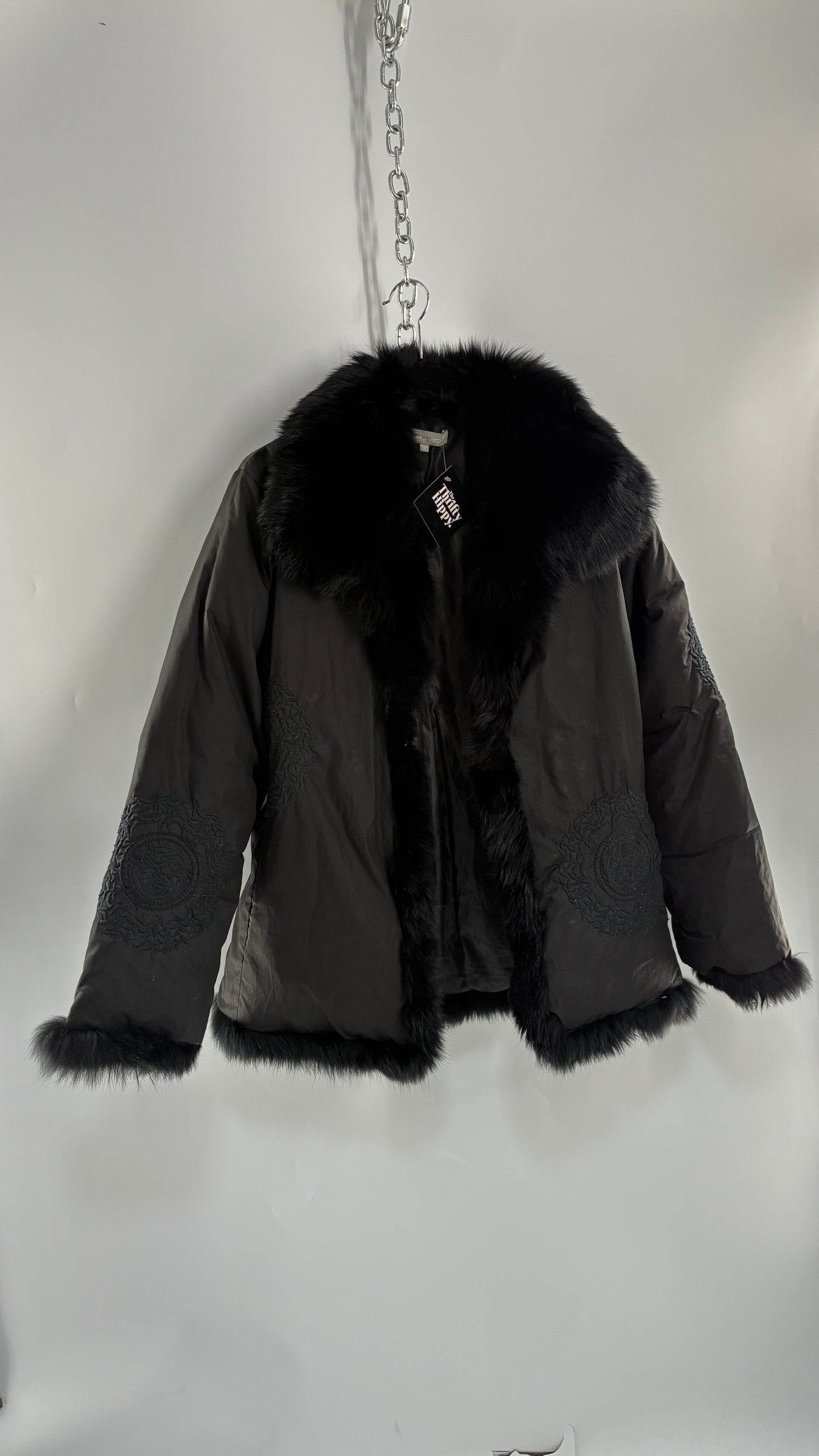 Vintage Gi & JO Black Down and Feather Puffer Jacket with Exaggerated Genuine Rabbit Fur Trim and Mandala Embroidery (Medium)