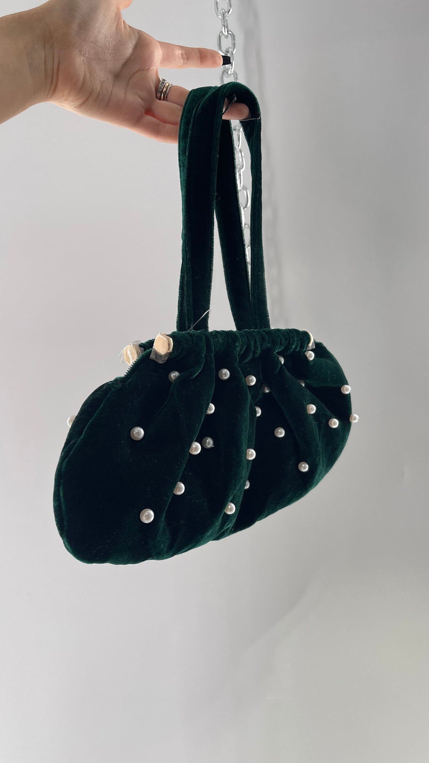 Vintage Deep Green Velvet Purse Covered in Pearls, and Featuring Gold Metal Closure Still Lined in Protective Plastic