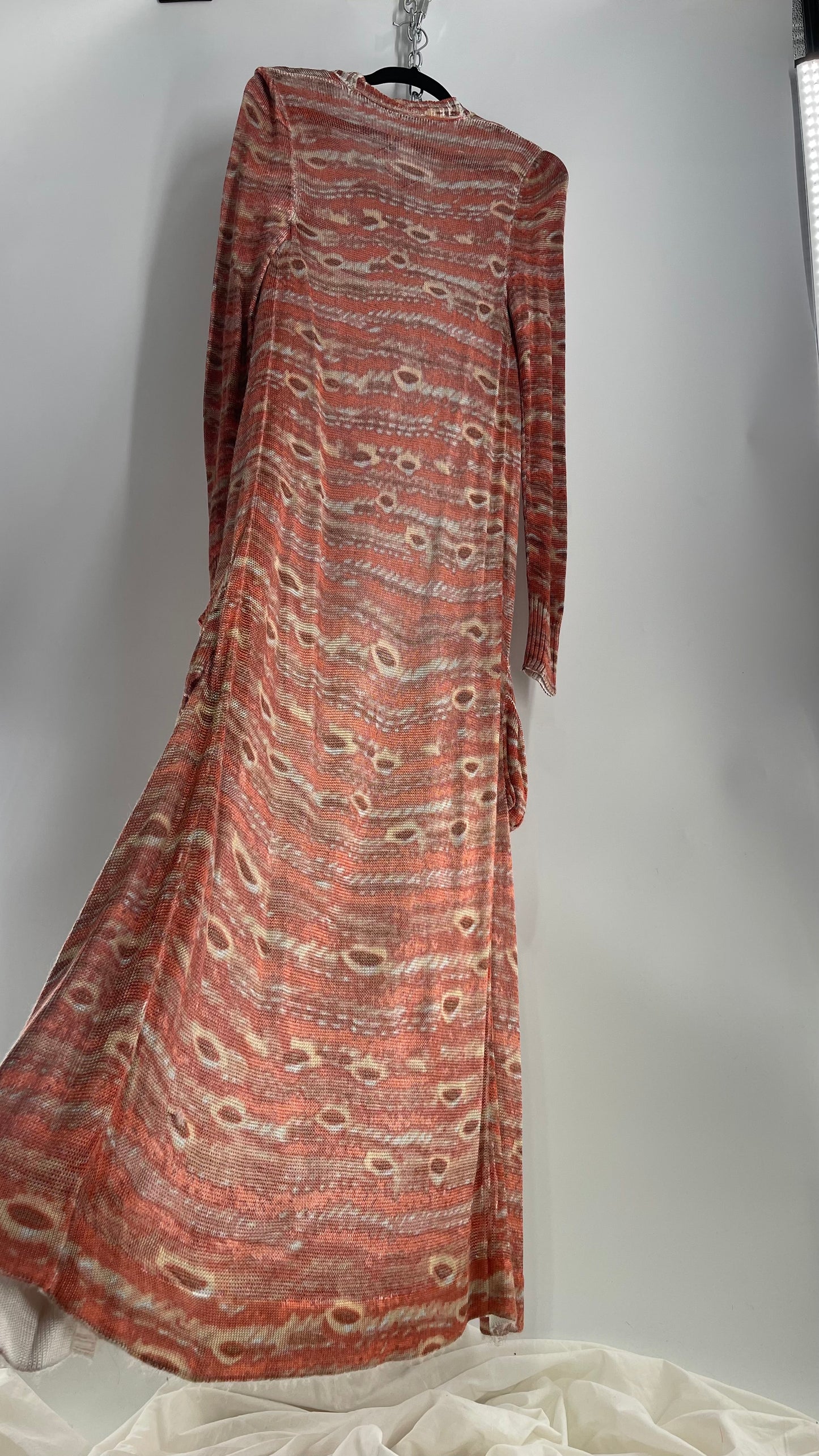 Free People Knit Floor Length Salmon Orange Patterned Cape (L)