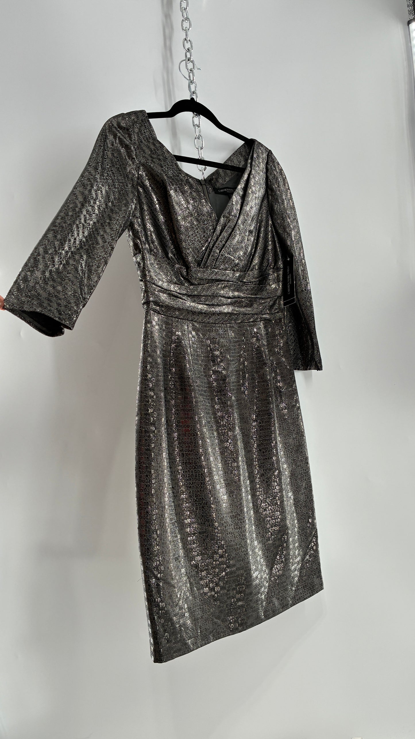 Vintage CARMEN MARC VALVO Metallic Liquid Silver Dress with Tags Attached (6)