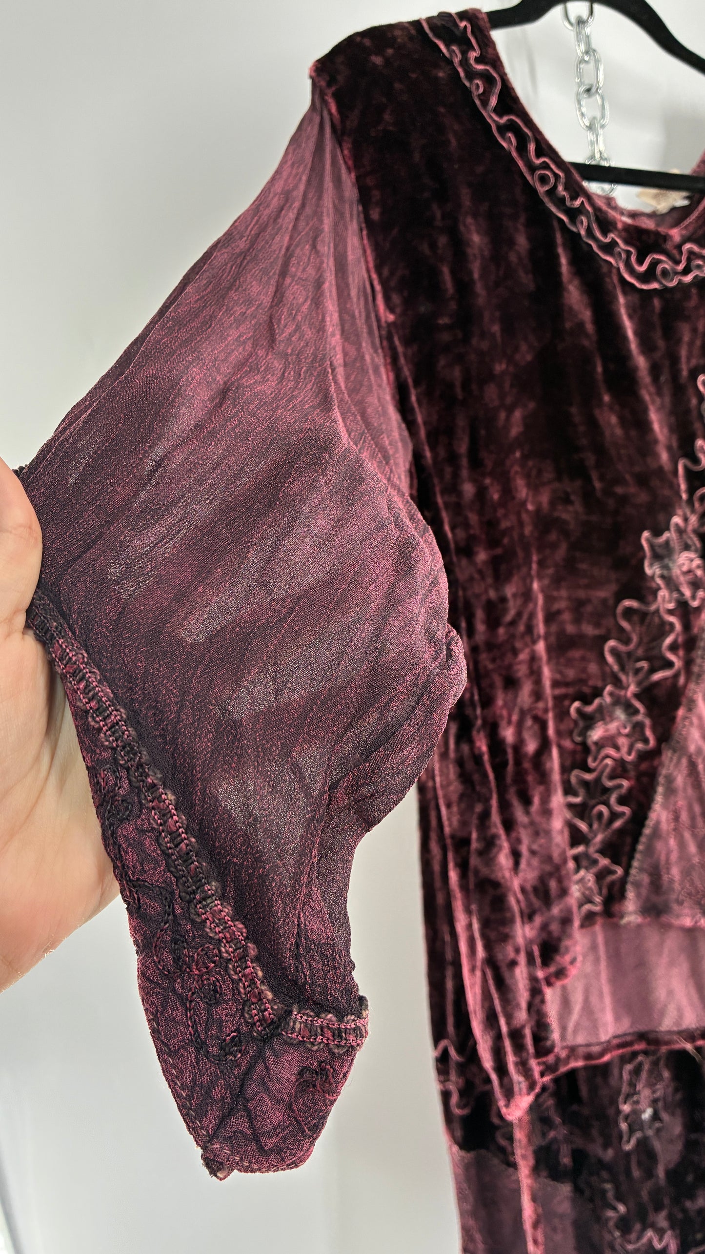 Vintage 1990s Burgundy Velvet Tie Back Blouse and Sheer Paneled Skirt (OS)