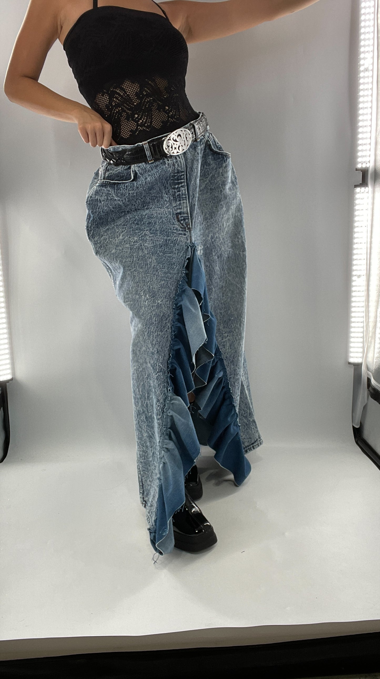 Custom Handmade Acid Wash Denim Slit Front Ruffled Skirt with Bow Bum (Large)