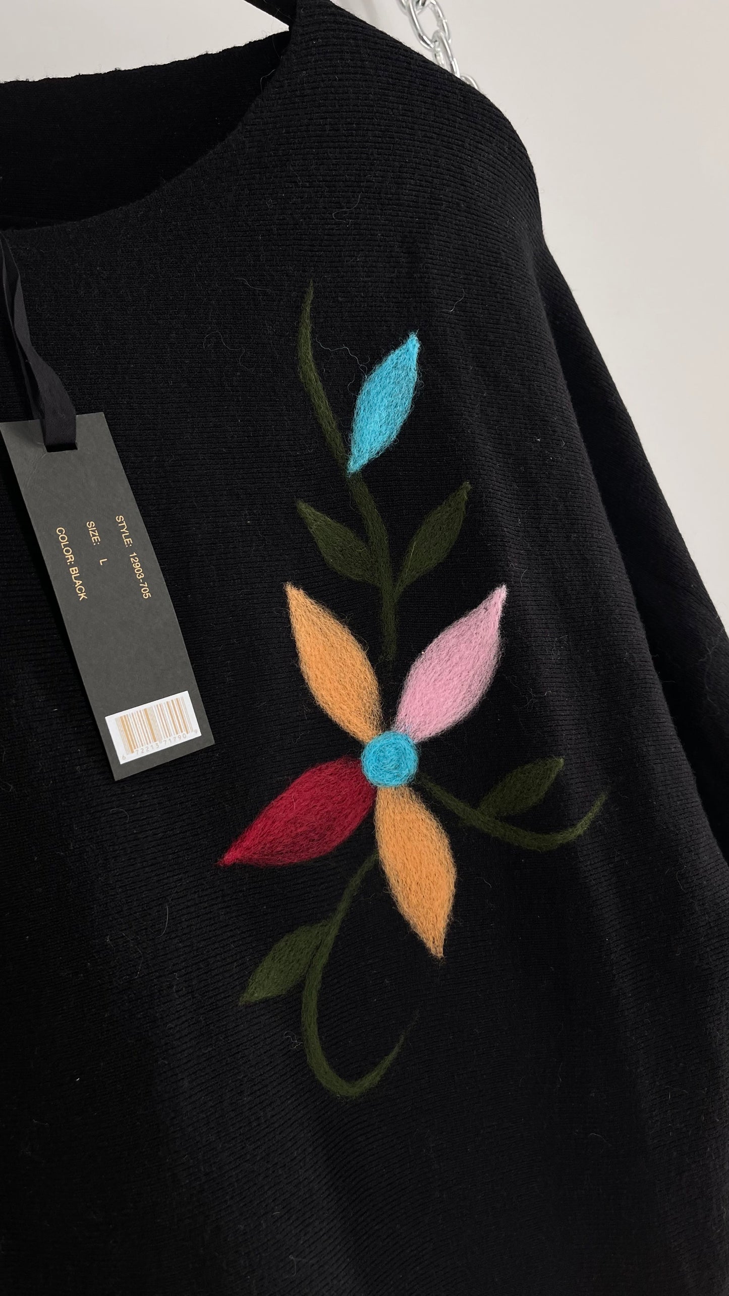 Aeda Black Sweater with Knit Flowers and Tags Attached (Large)