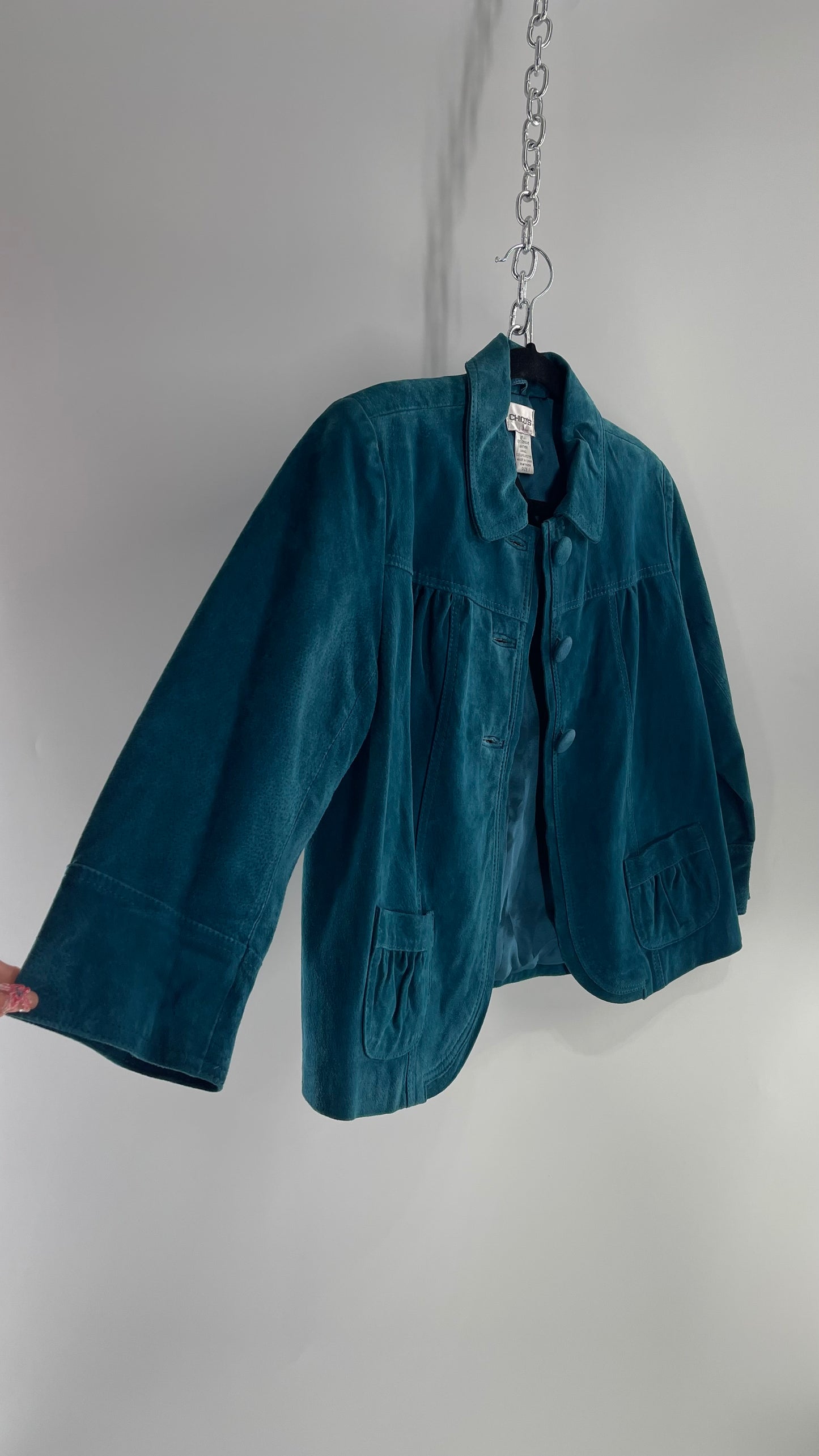 VINTAGE CHICO’s Suede Leather Teal Blue Cropped Bolero Blazer (Large)