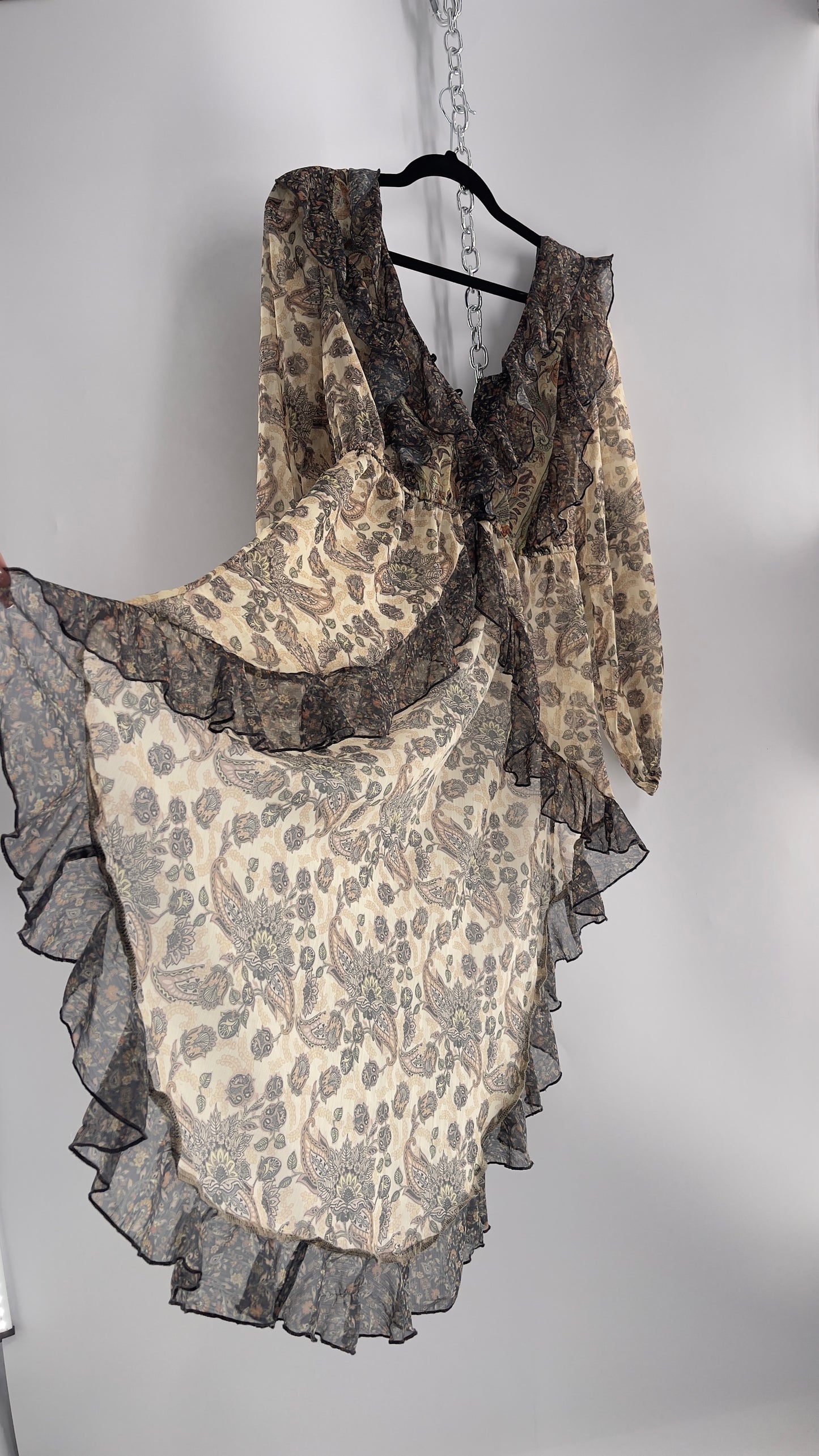 Free People Let Me Be Paisley Dual Toned High Low Sweeping Cape with Ruffled Bust and Hemline with Tags Attached (Small)