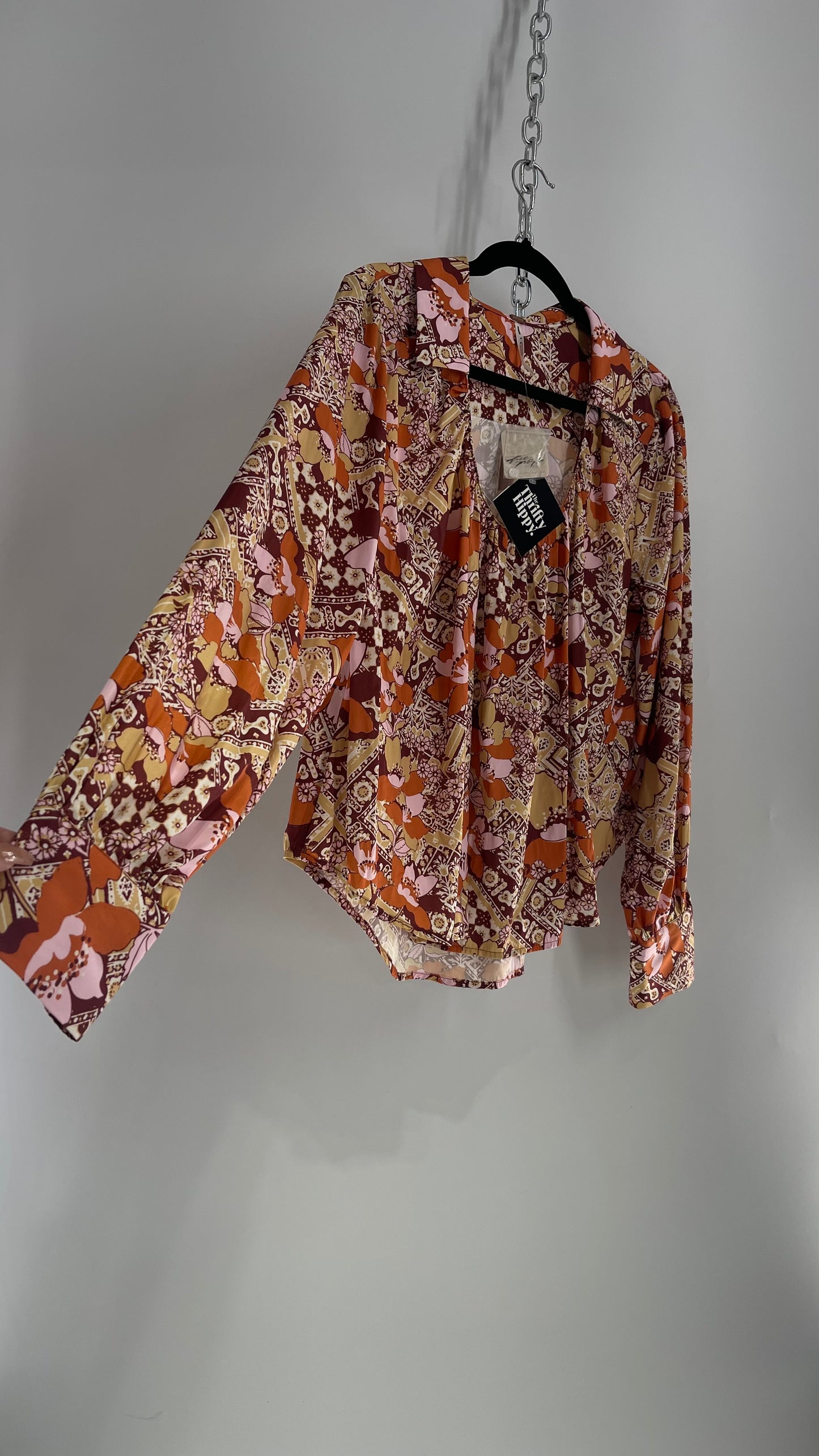 Free People Silky Autumn Florals Collared Floral Blouse with Tags Attached (Small)