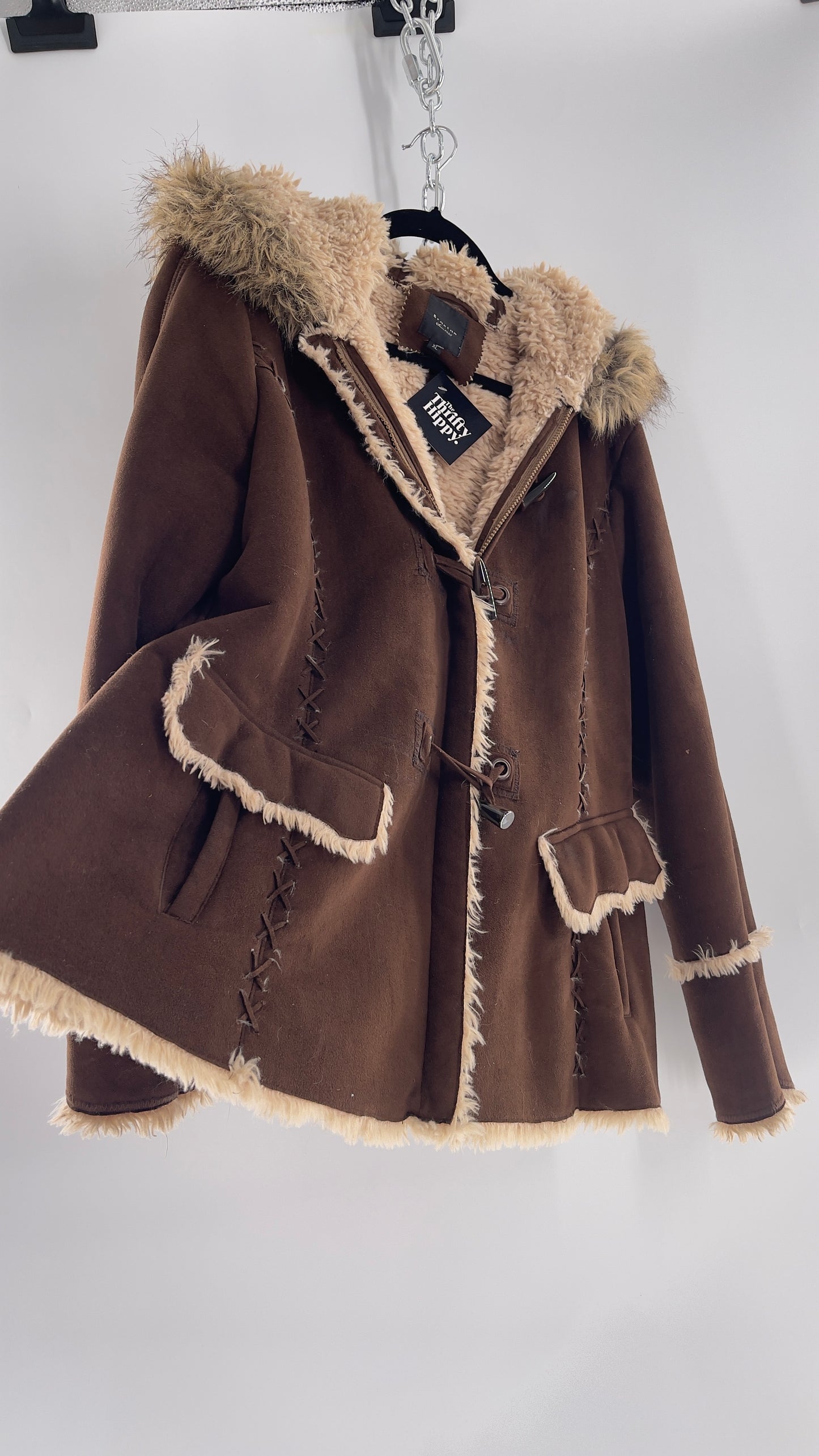 Vintage Braetan Brown Zip Up Coat with Contrast Fur Trim (C) (XL)