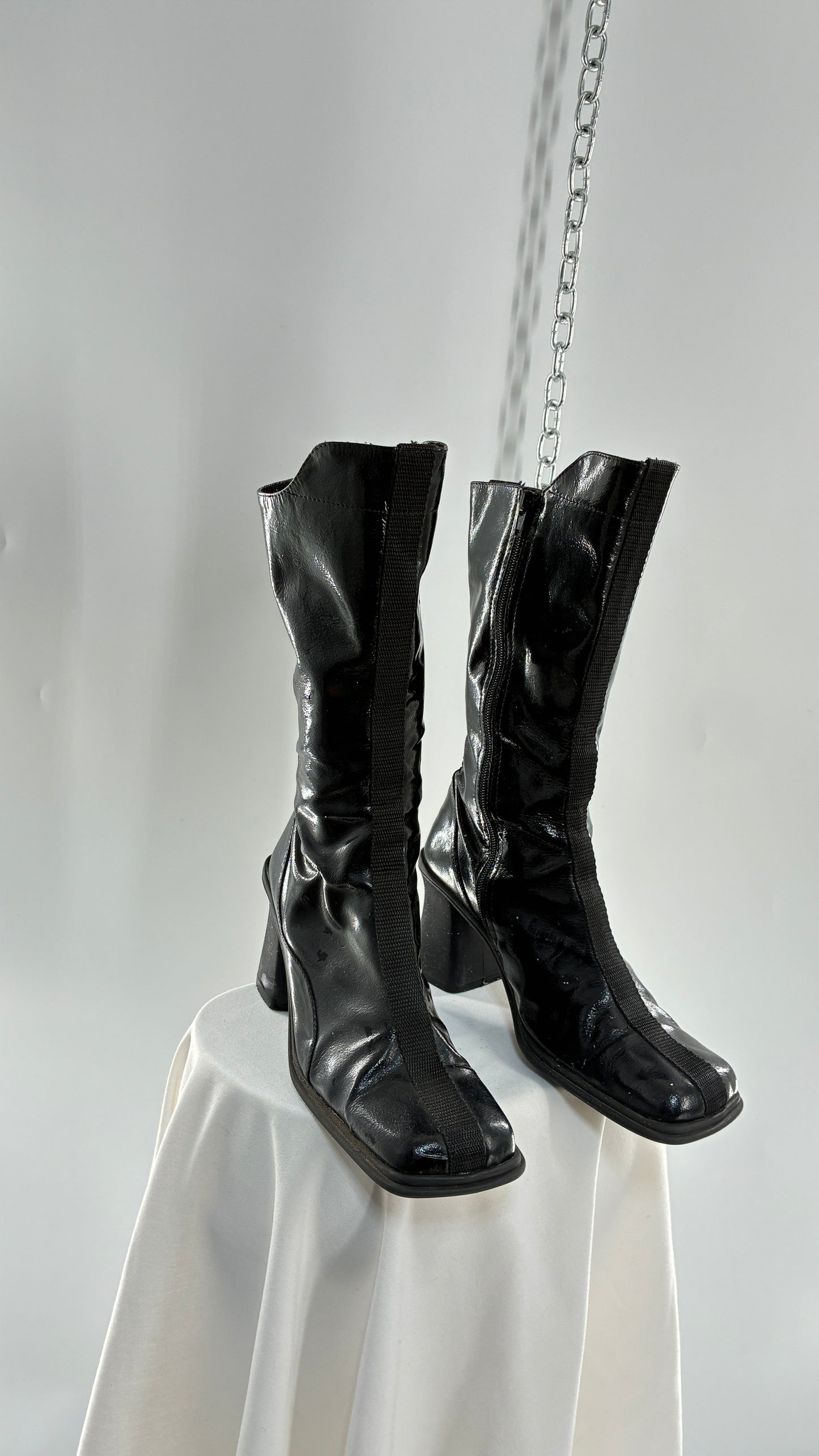 Vintage Black Patent Vinyl Boots with Square Toe and Block Heel with High, Low Calf (40)