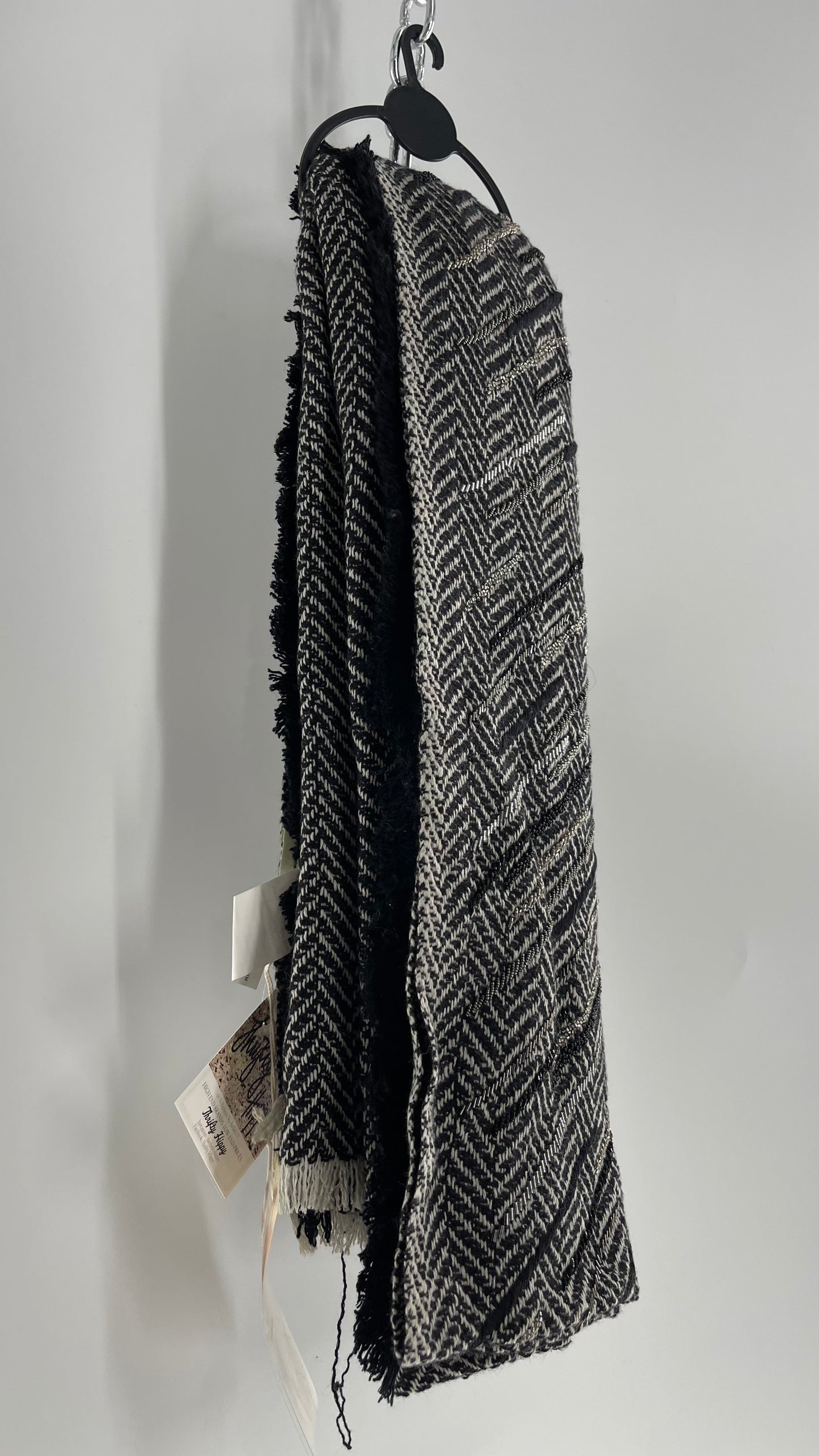 Anthropologie Pétanu Black and White 50% Cashmere 50% Silk Beaded Embellished Scarf with Tags Attached