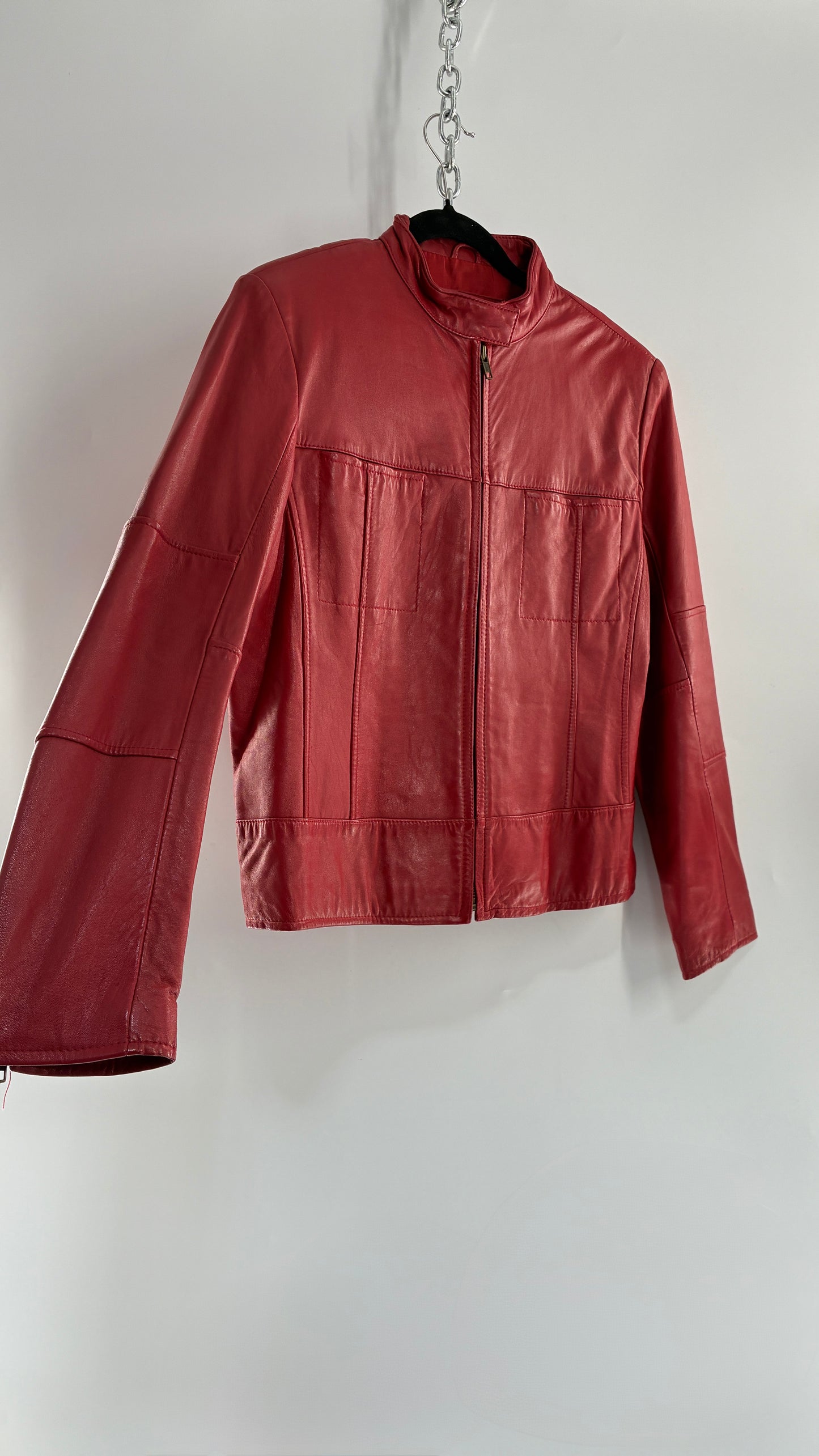 KATHY IRELAND Lamb Leather Red Motorcycle Neck Strap Jacket (Medium)