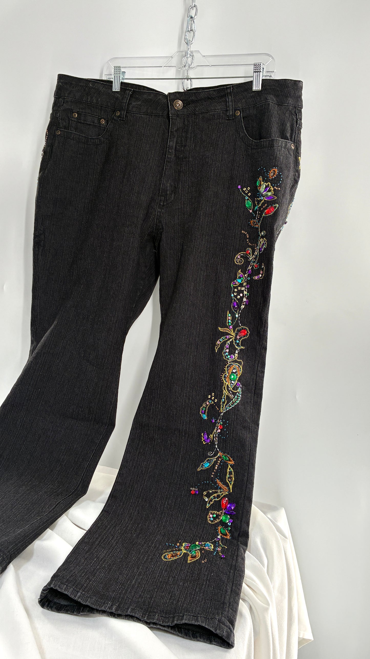 Vintage Grainy Black Denim with Hip to Hem Gemstones and Embroidery (22W)
