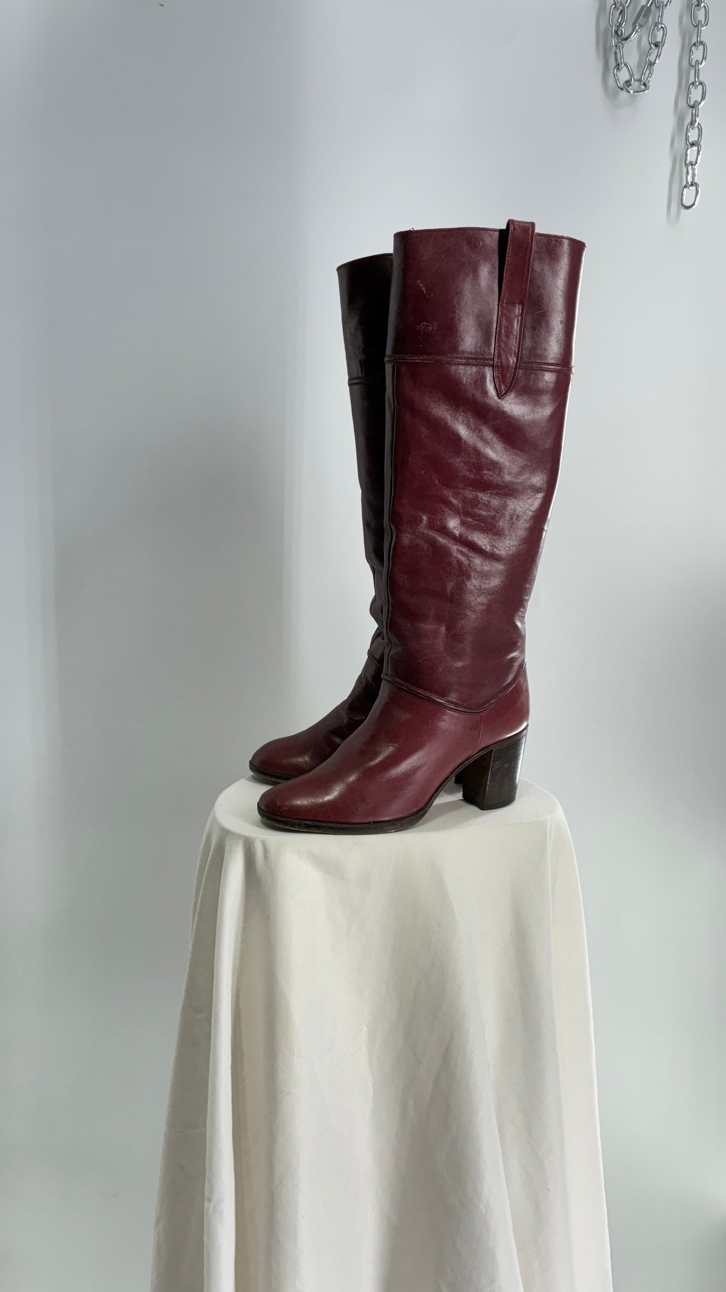 Vintage Red Leather Round Toe Knee High Boots Made in Spain Boots (38)