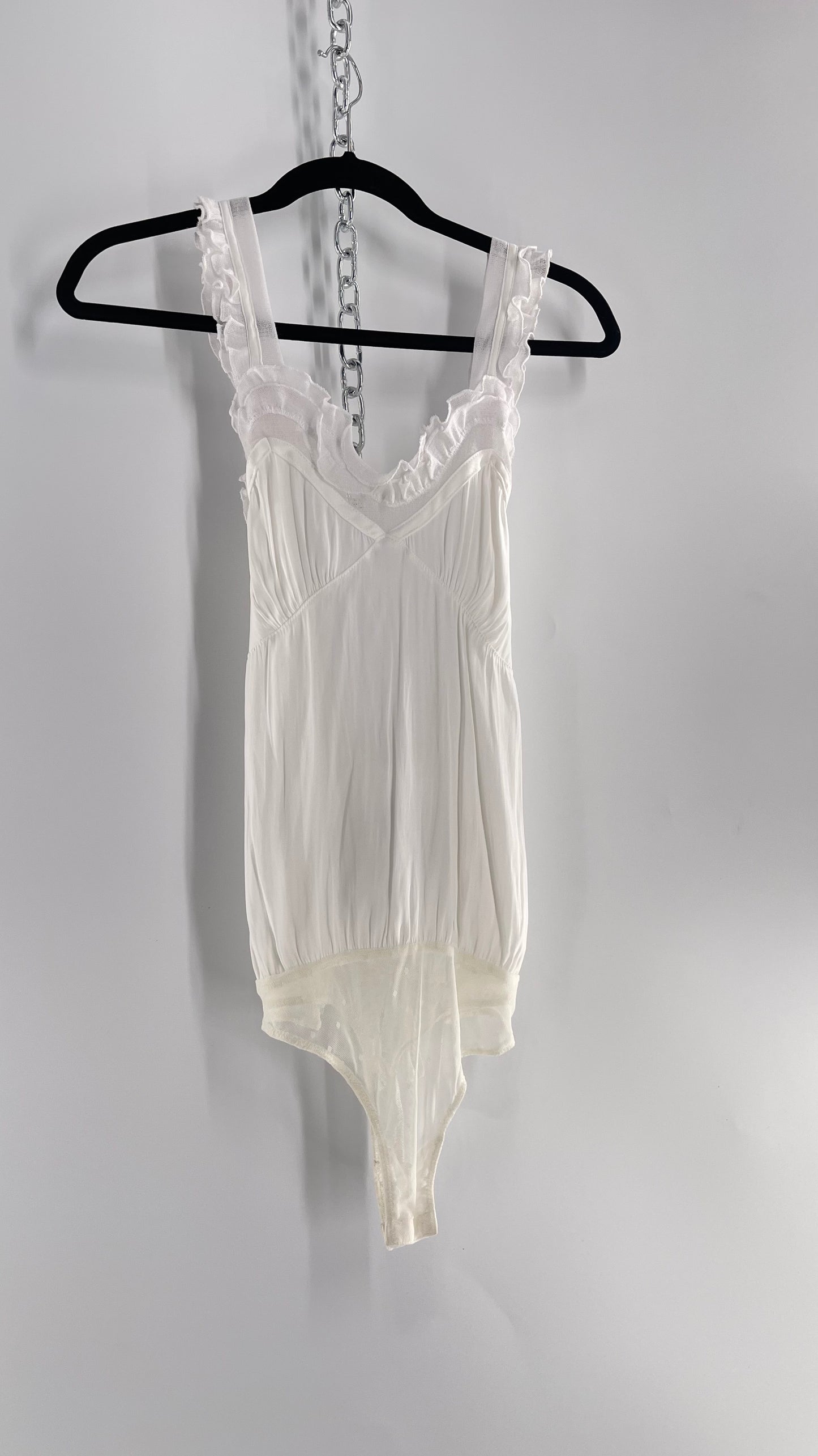 Free People White Silky Soft Bodysuit with Ruffled Bust-line and Straps (M)