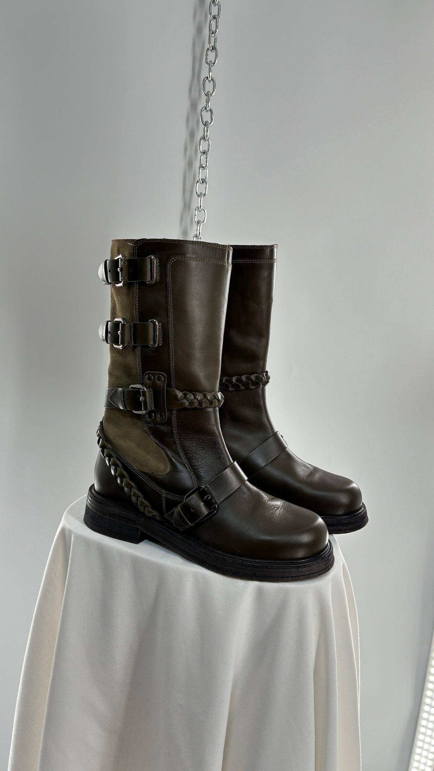 Free People Billie Olive Green Moto Boots with Buckle Closure (7)