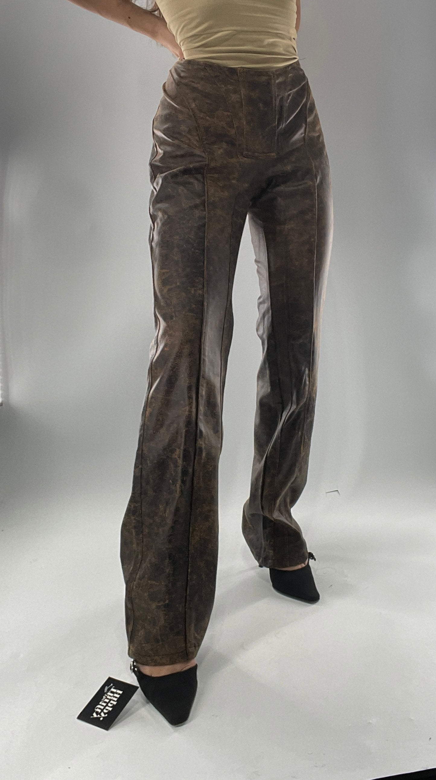 Vegan Brown Leather Kick Flares with Panel Details (Large)