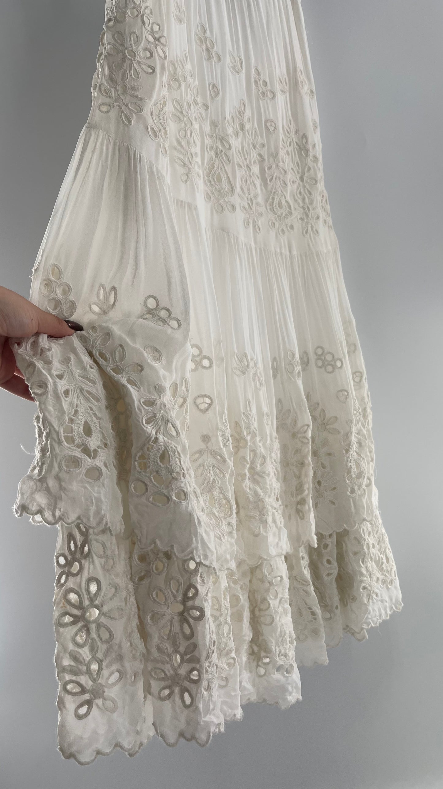 Free People White Embroidered Eyelet/Lace Voluminous Tiered Ruffle Full Length Skirt (4)