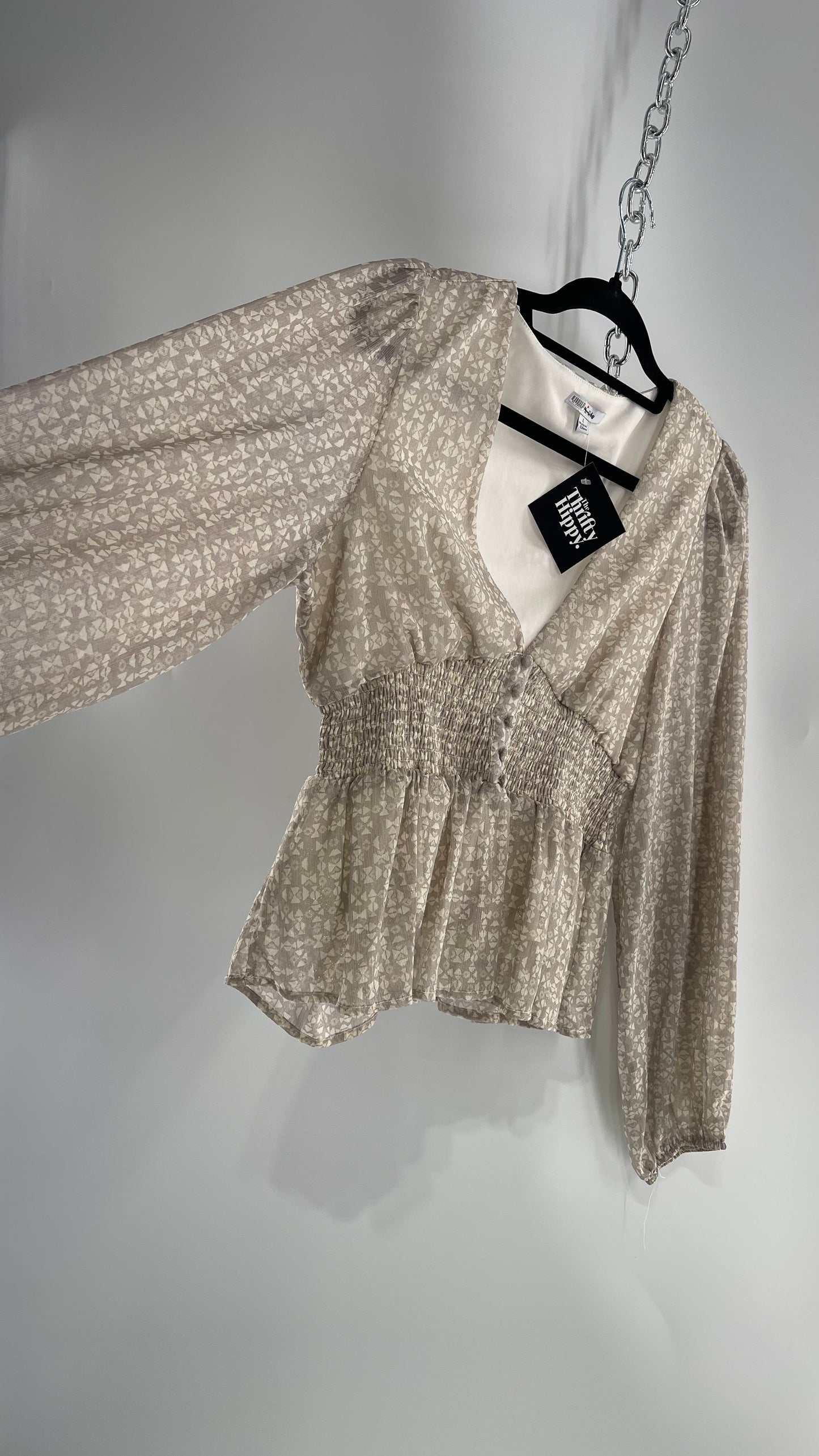 Anthropologie Light Gray Glitter/Shimmer Balloon Sleeve, Smocked Waist, Button Front Blouse (Large)