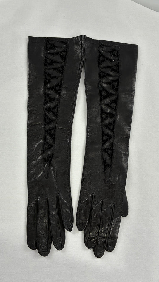 Deadstock Vintage Black Soft Leather Gloves with Lace Detail