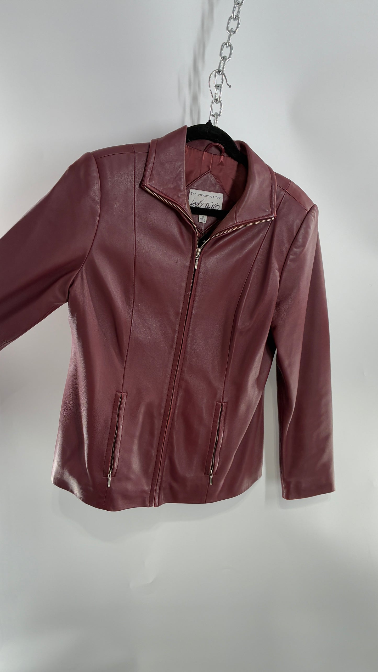 Vintage Lord & Taylor Burgundy Maroon Leather Zip Up Jacket (Small)