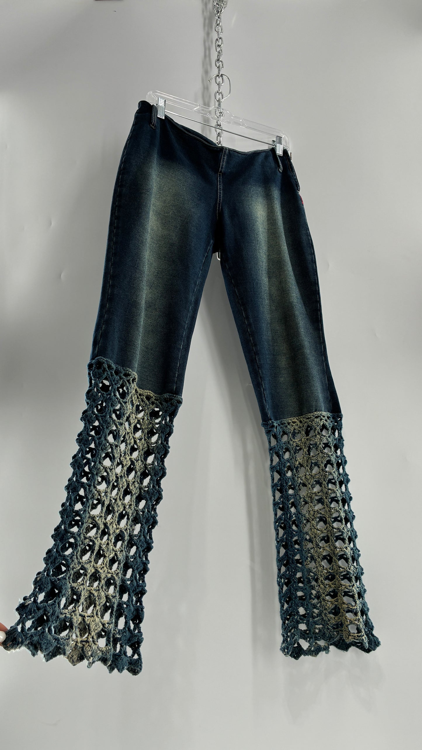 Vintage BONAIRE 1990s Rare Jeans with Faded Thighs + Bum, Low Waist, and Crochet Legs (34)