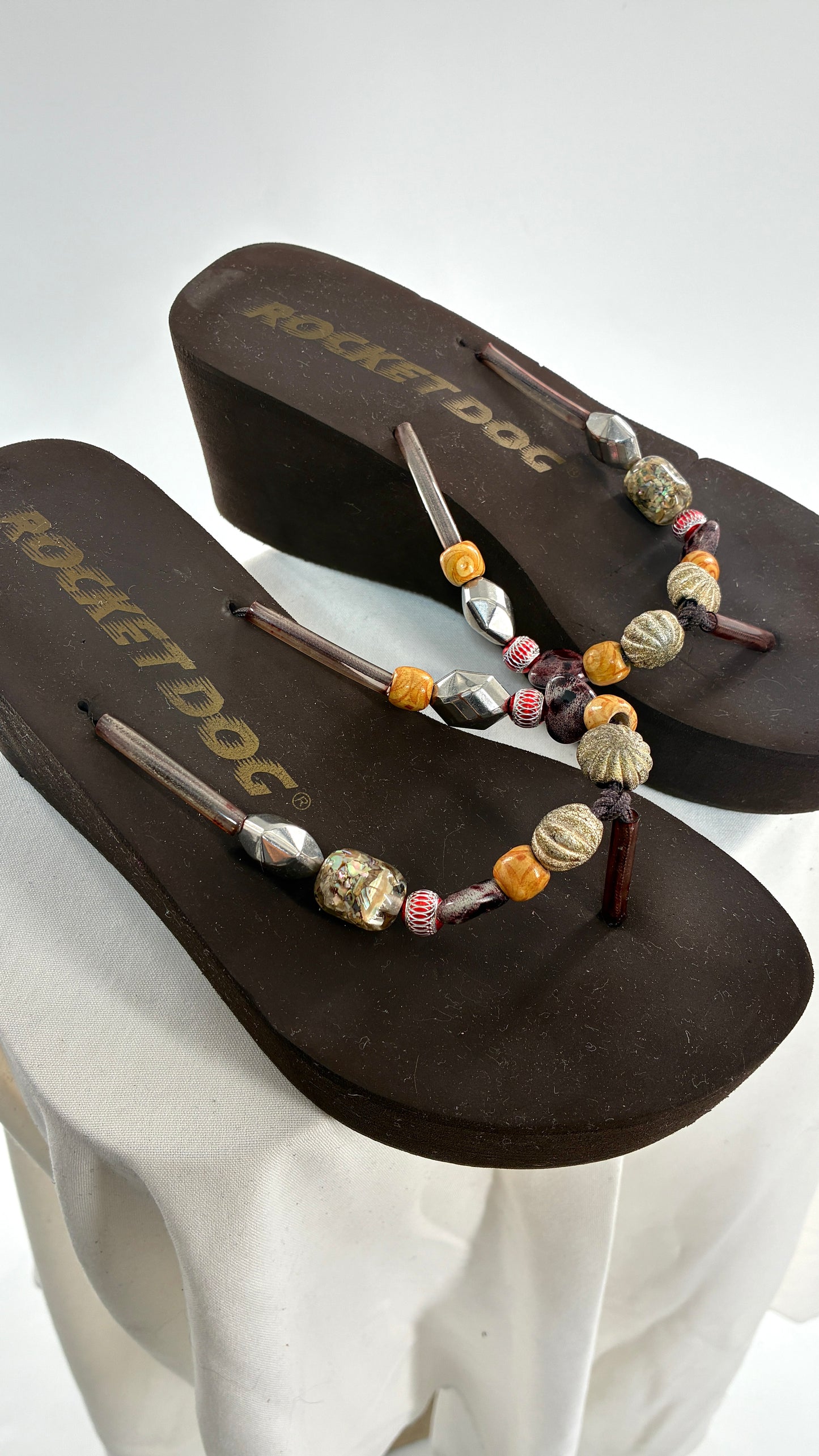 Vintage ROCKET DOG Brown Platform Sandals with Heavily Beaded Strap (9)