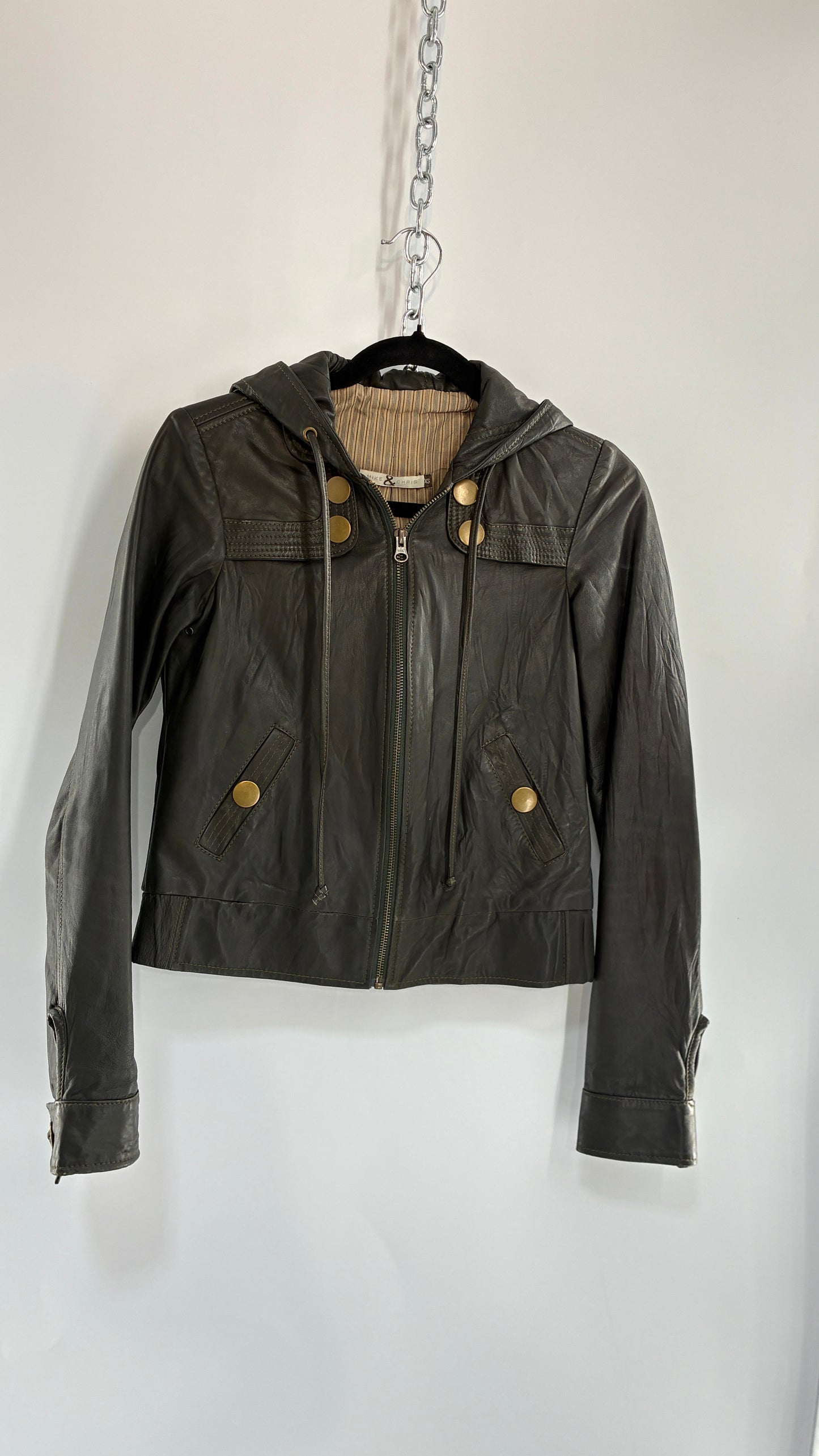 Vintage MIKE & CHRIS Grey Genuine Leather Hoodie Style Zip Front Jacket with Oversized Bronze Buttons and Contrast Stitching (XS)