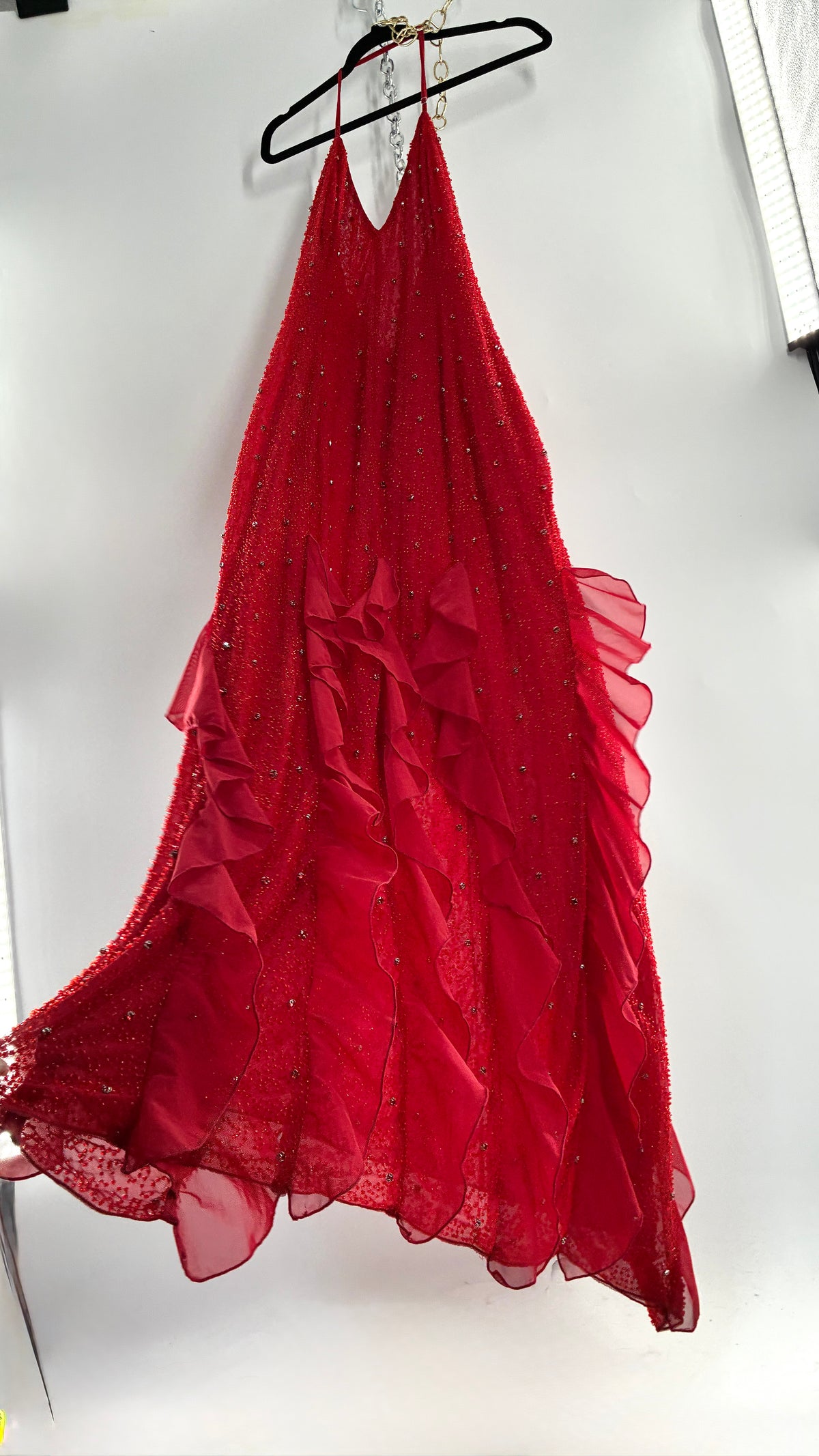 OH POLLY Red Beaded Gown with Ruffled Detailing NWOT (14)