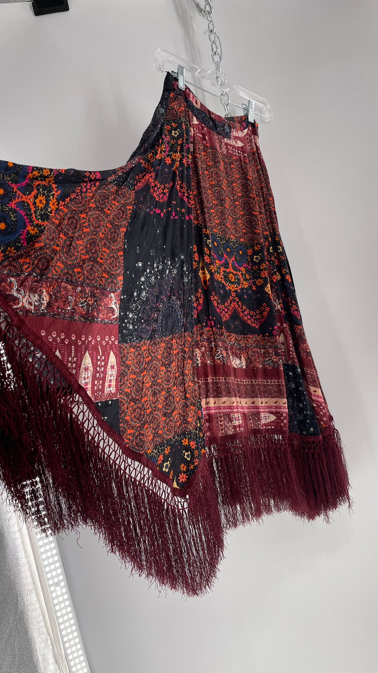 Free People Burgundy Satin Patchwork Patterned Fringe Full Length Skirt with Embossed Symbols and Side Slit Tags Attached (0)