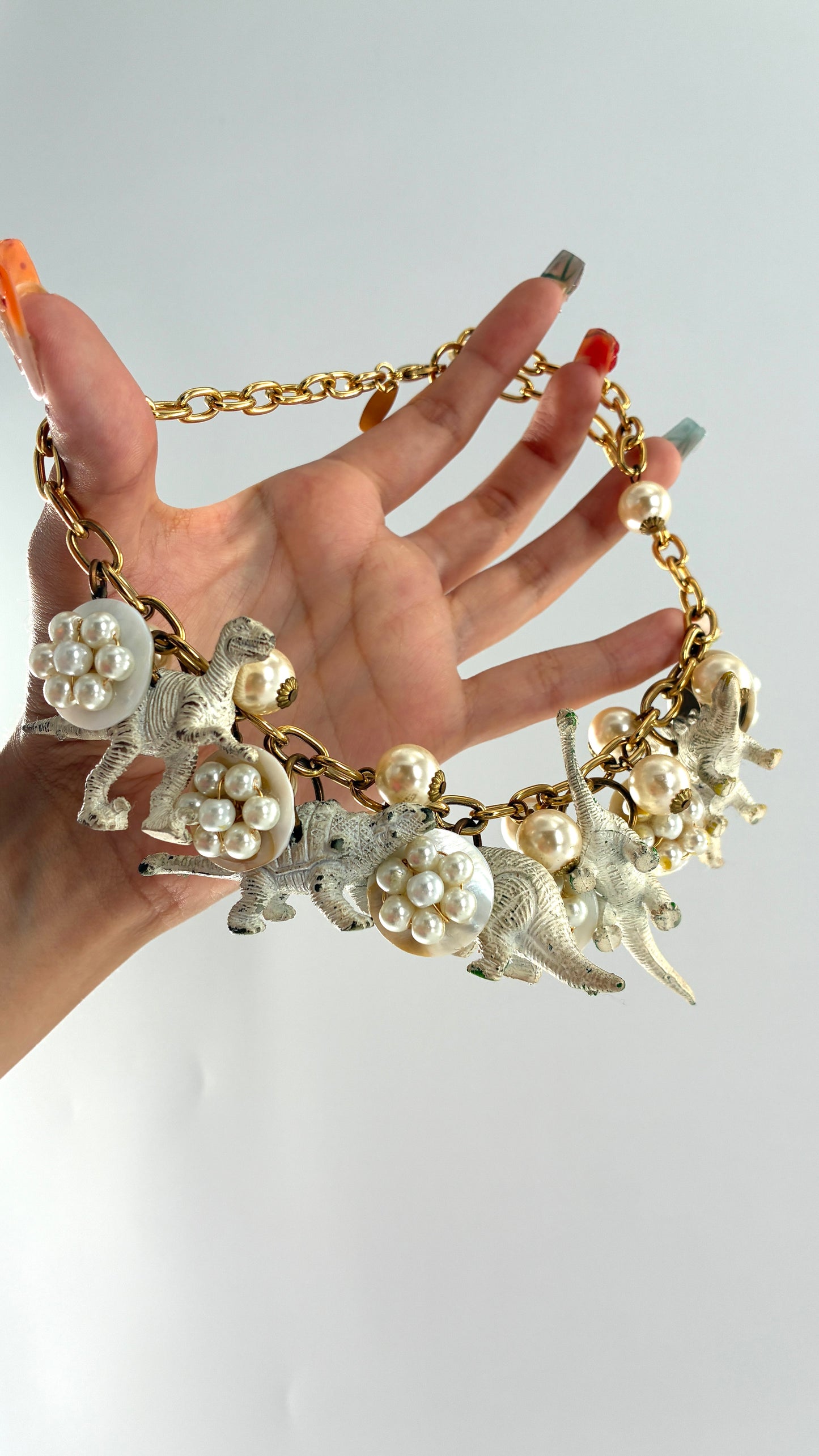 Vintage LENORA DAME Pearlescent Dinosaur Charm, Gold Chain Choker