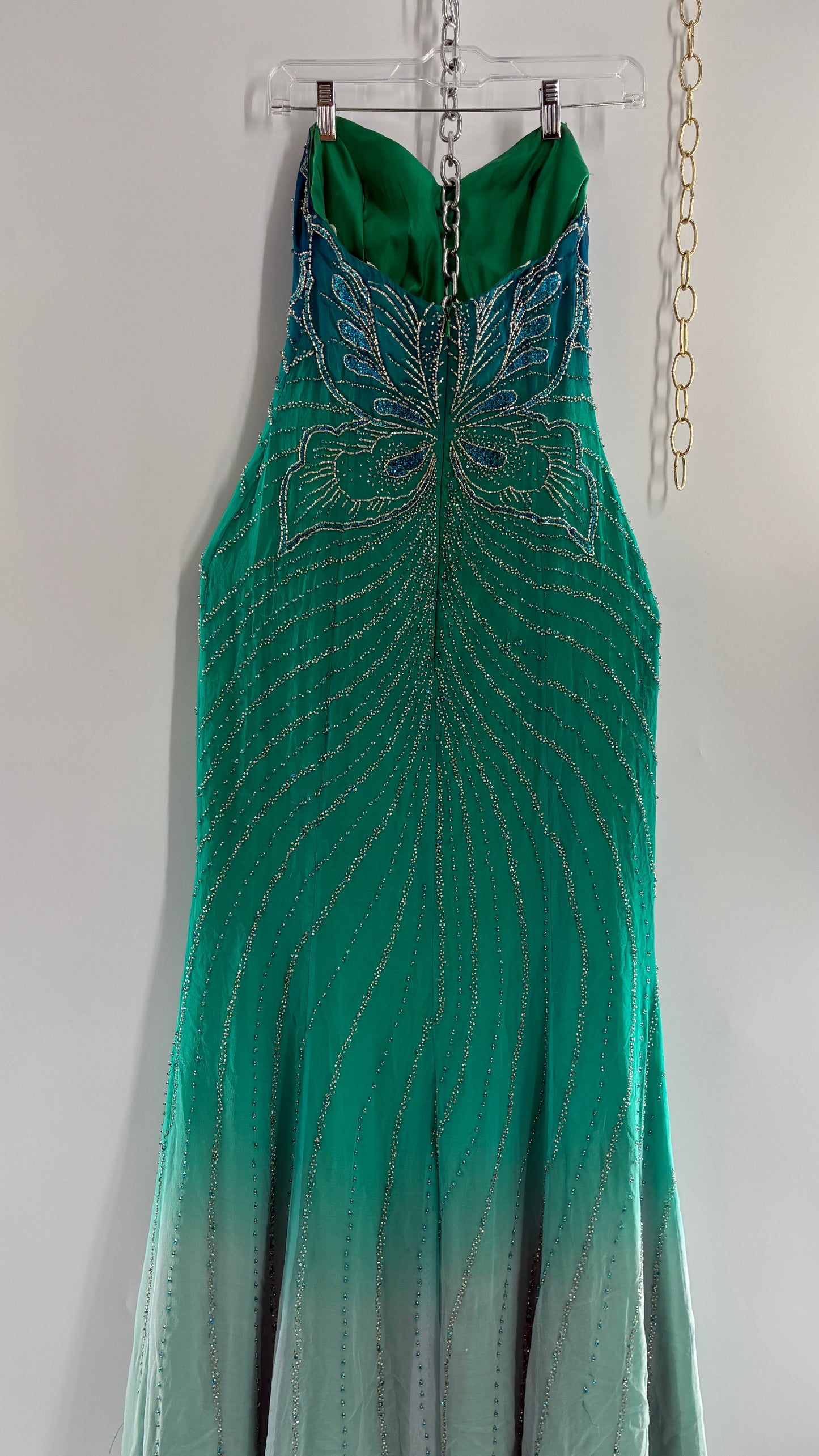 Vintage 1990s STUDIO17 100% Fully Beaded Silk Aquamarine Butterfly Dress (8)