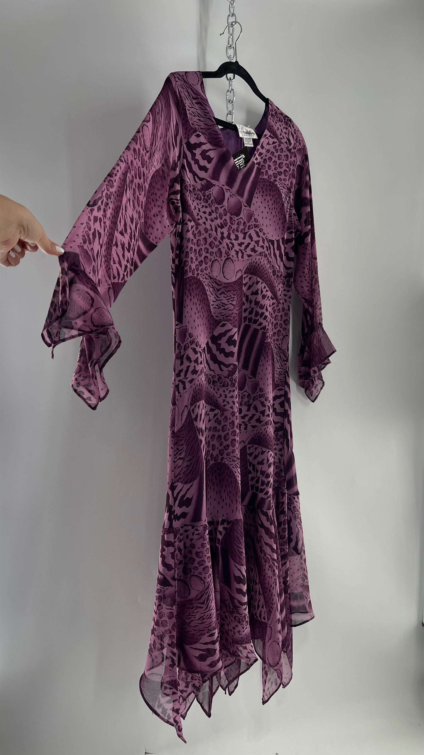 Vintage Signature JMB Suga Plum Fairy, Purple Maxi with Animal Print, Handkerchief Hem and Sleeves (XL)