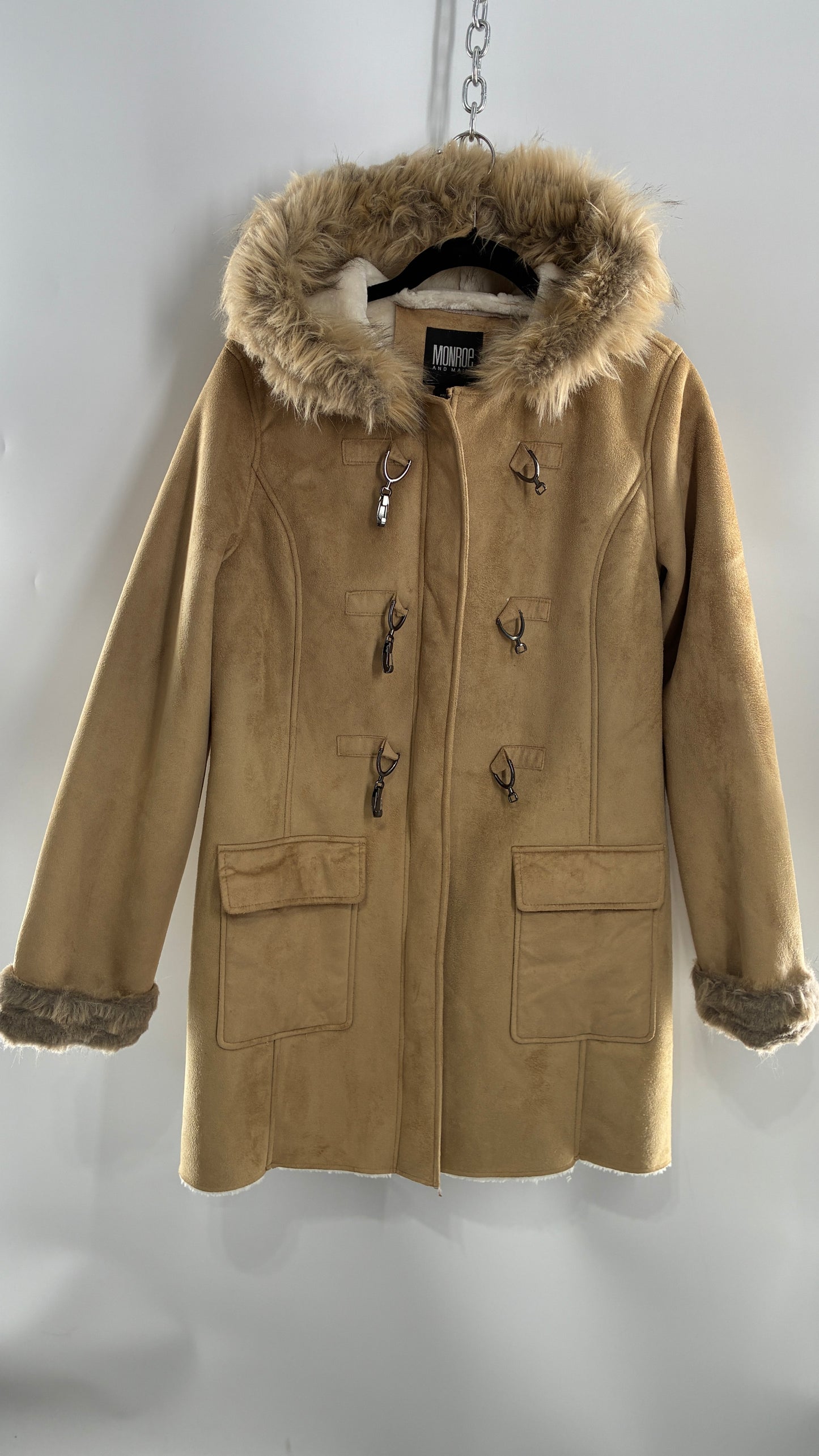 Deadstock Vintage MONROE AND MAIN Vegan Suede Coat with Fur Cuffs and Hood, Tags Attached (Medium)