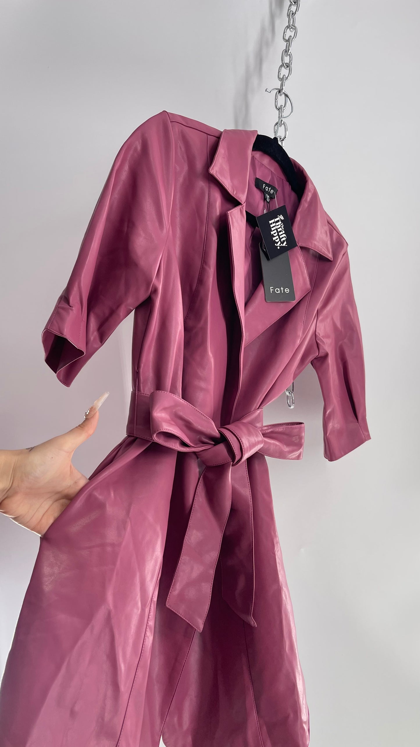 Fate Mauve Short Sleeve Vegan Leather Trench Coat Dress with Tags Attached (Medium)