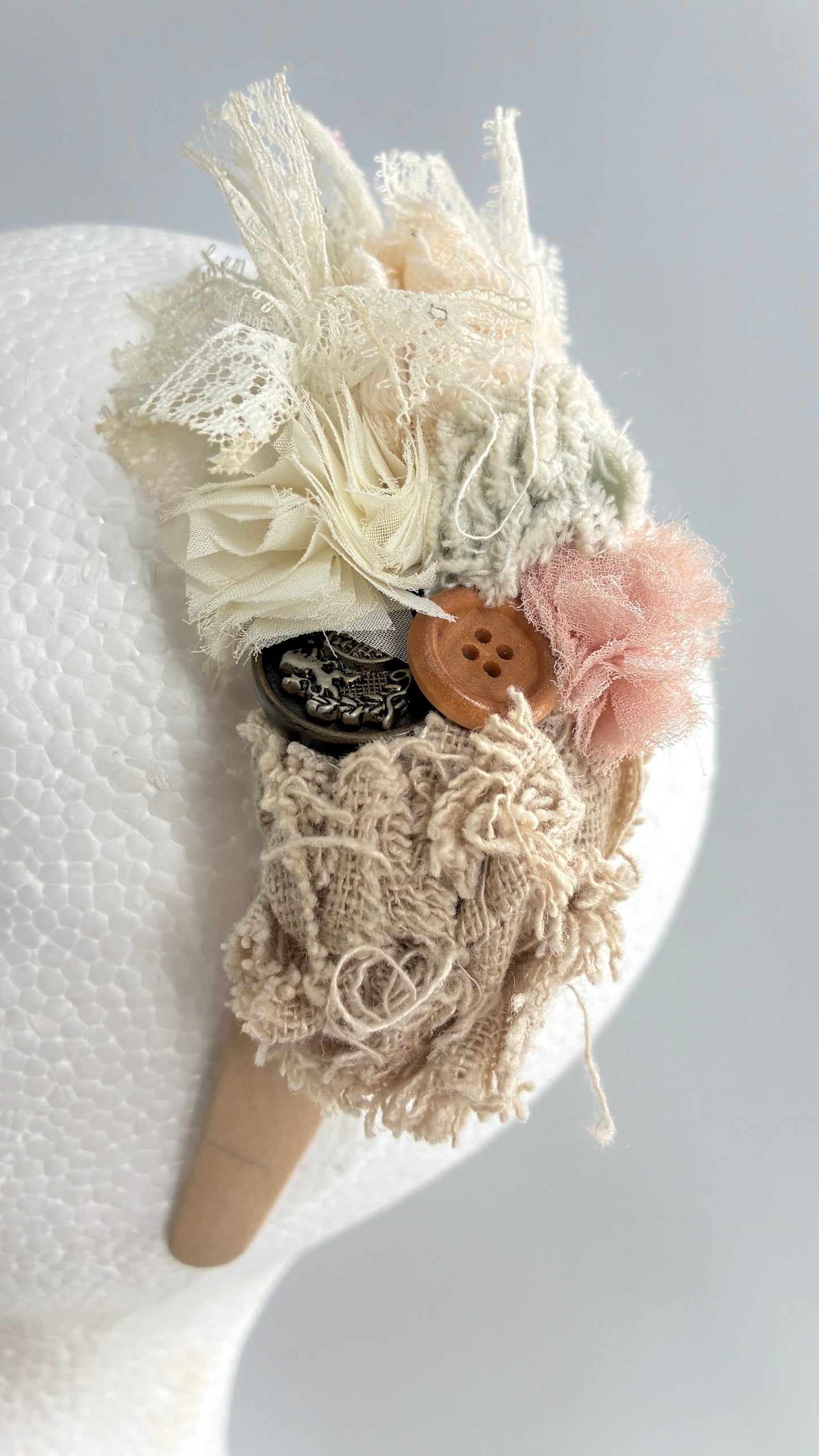 Vintage FARMER Handmade Headband with Ribbon, Flower, Button Appliqués