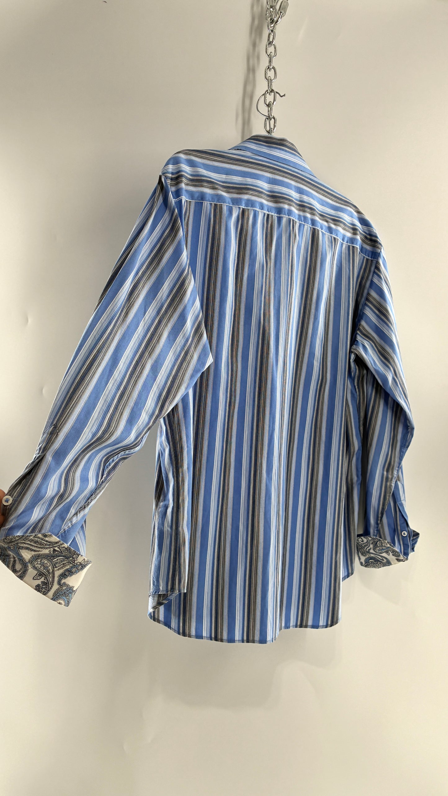 Vintage 1990s Bugatchi Men’s Blue Striped Button Up with Paisley Cuffs  (Large)