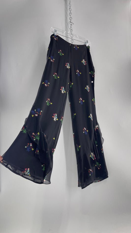 Cynthia Rowley Black Flared Pants with Colorful Abstract Florals, Dual Lining and Ruffle Trim (4)