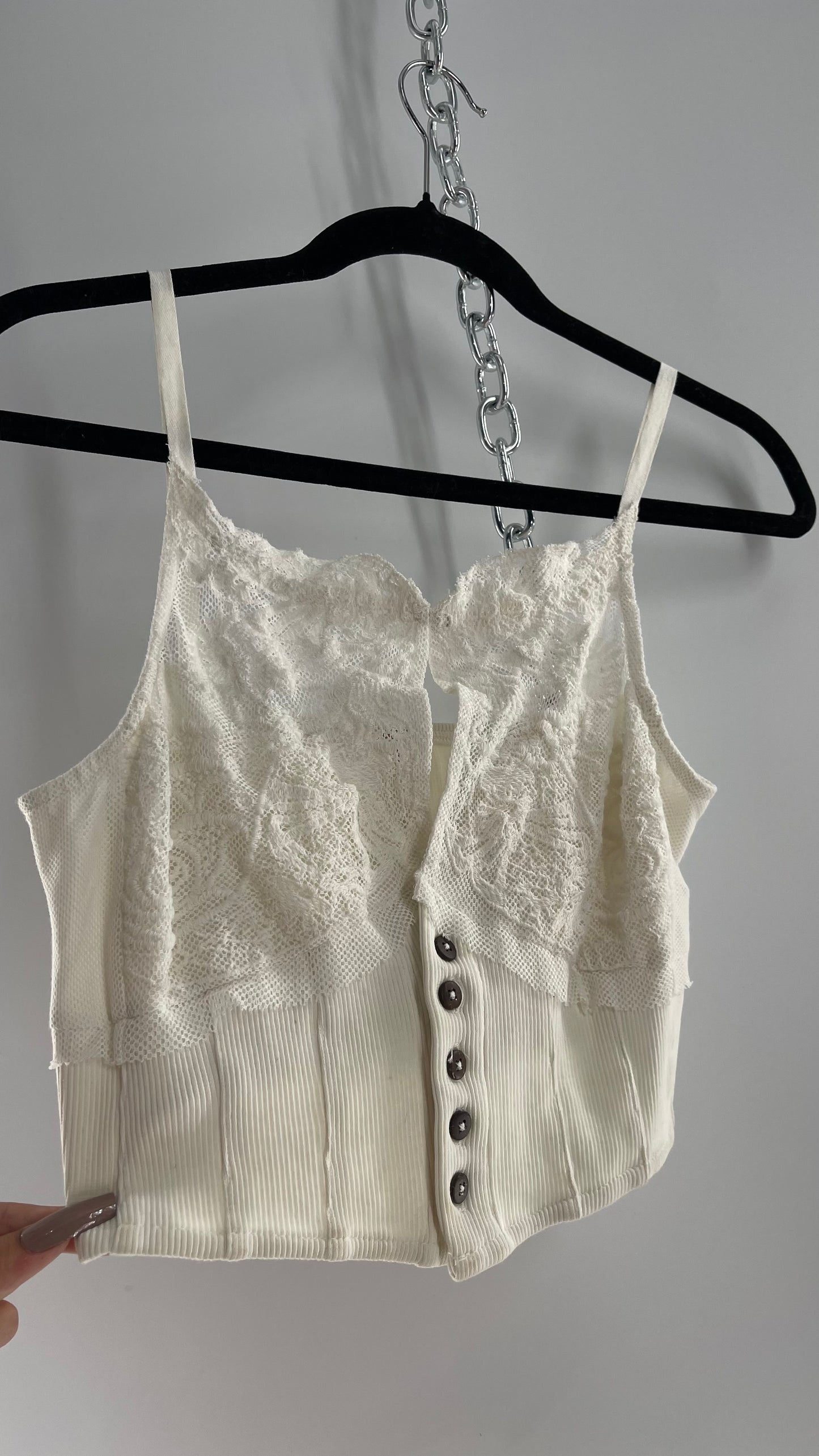 Free People White Tank with Lace Bust and High Neckline and Buttoned Bodice (S)