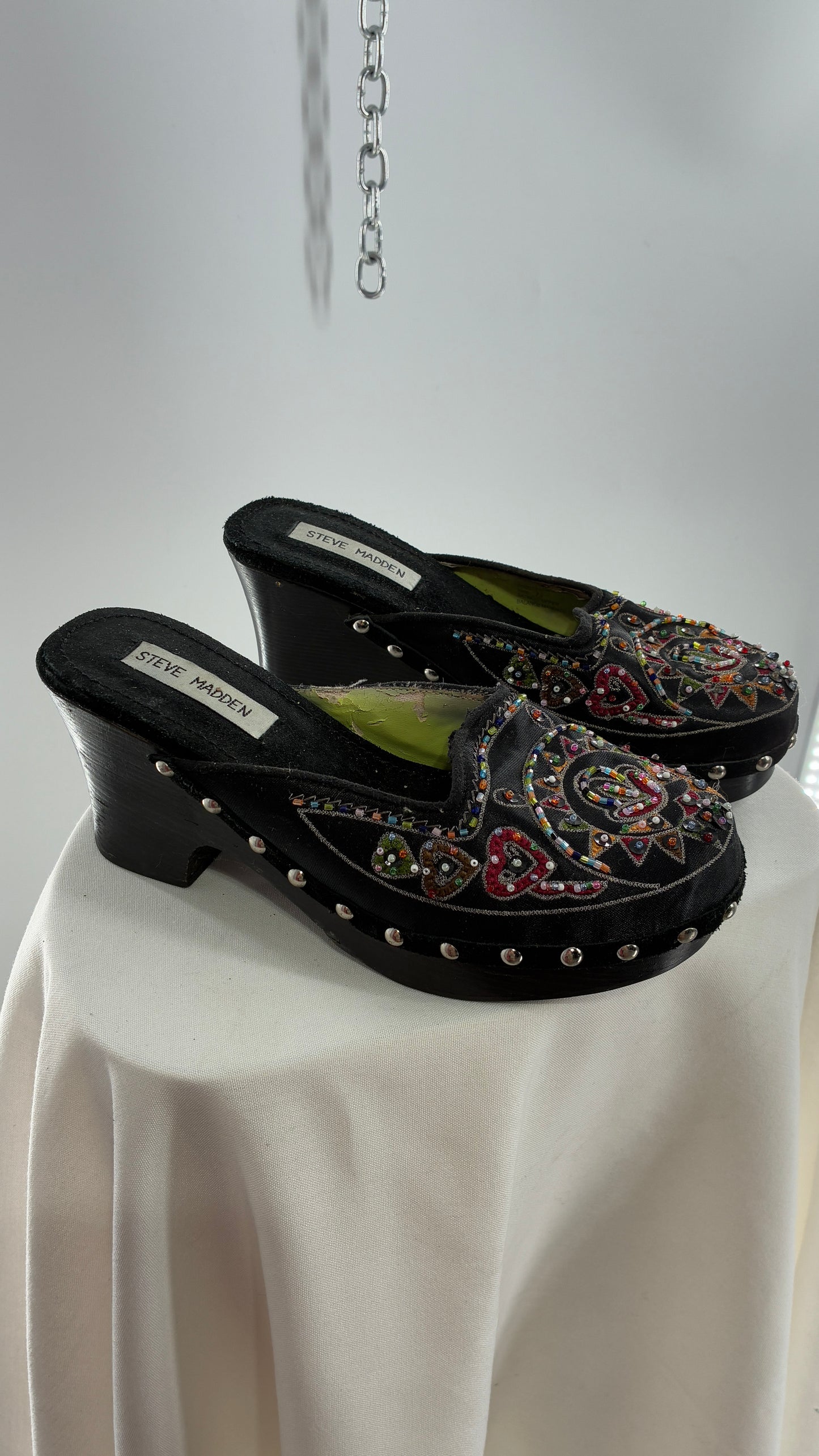 Vintage 1990s STEVE MADDEN Black Wooden Heel Clogs with Embroidered and Beaded Design (7.5)