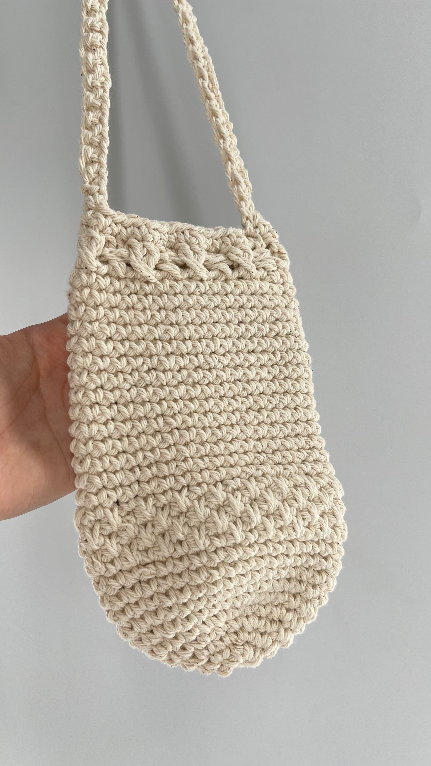 Beige Hand Knit Crochet Pouch Purse Water Bottle Bag